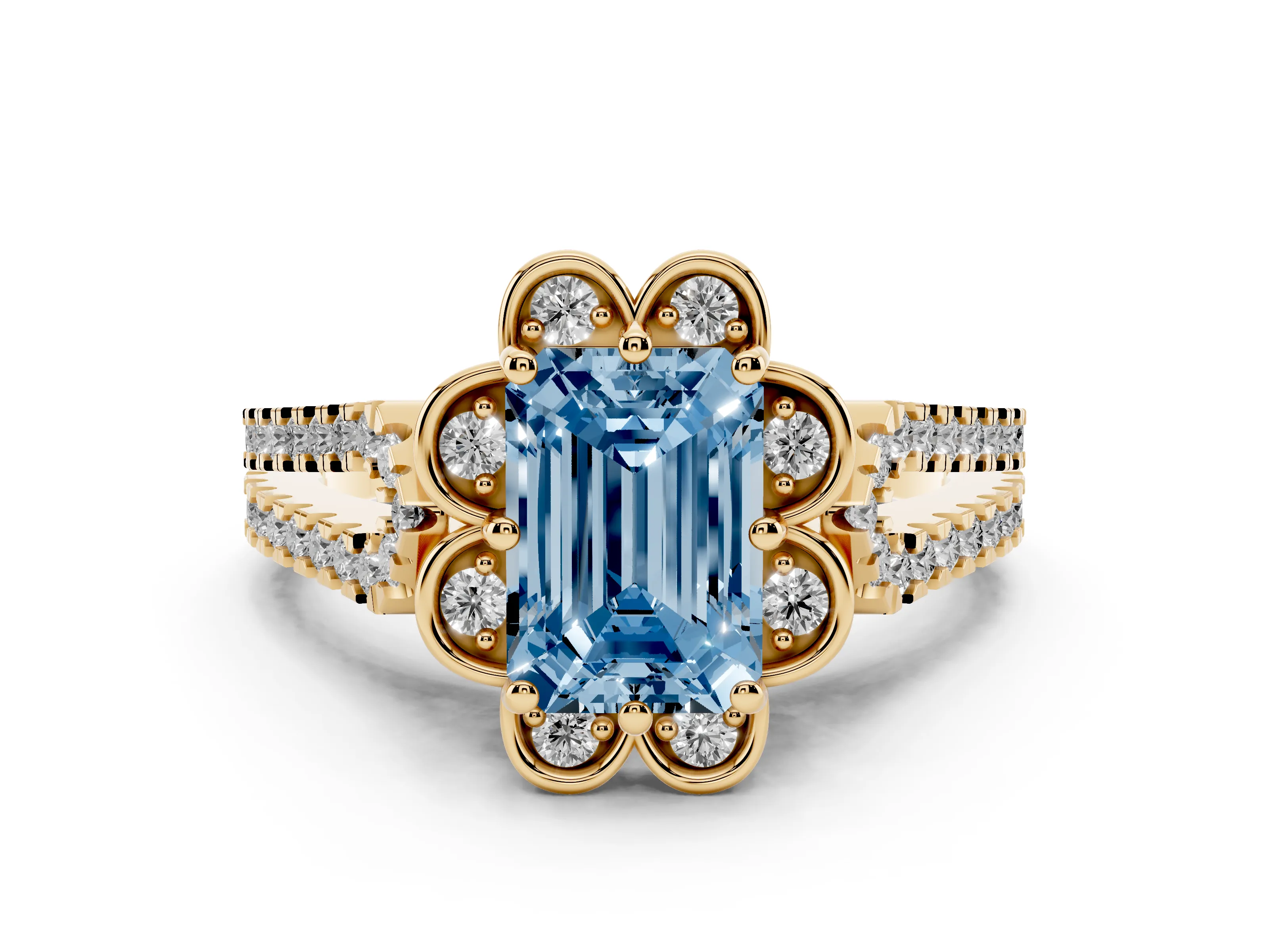Fancy Blue Emerald Cut Diamond Floral Halo Split Shank Engagement Ring Set in Yellow gold with Pavé Shank