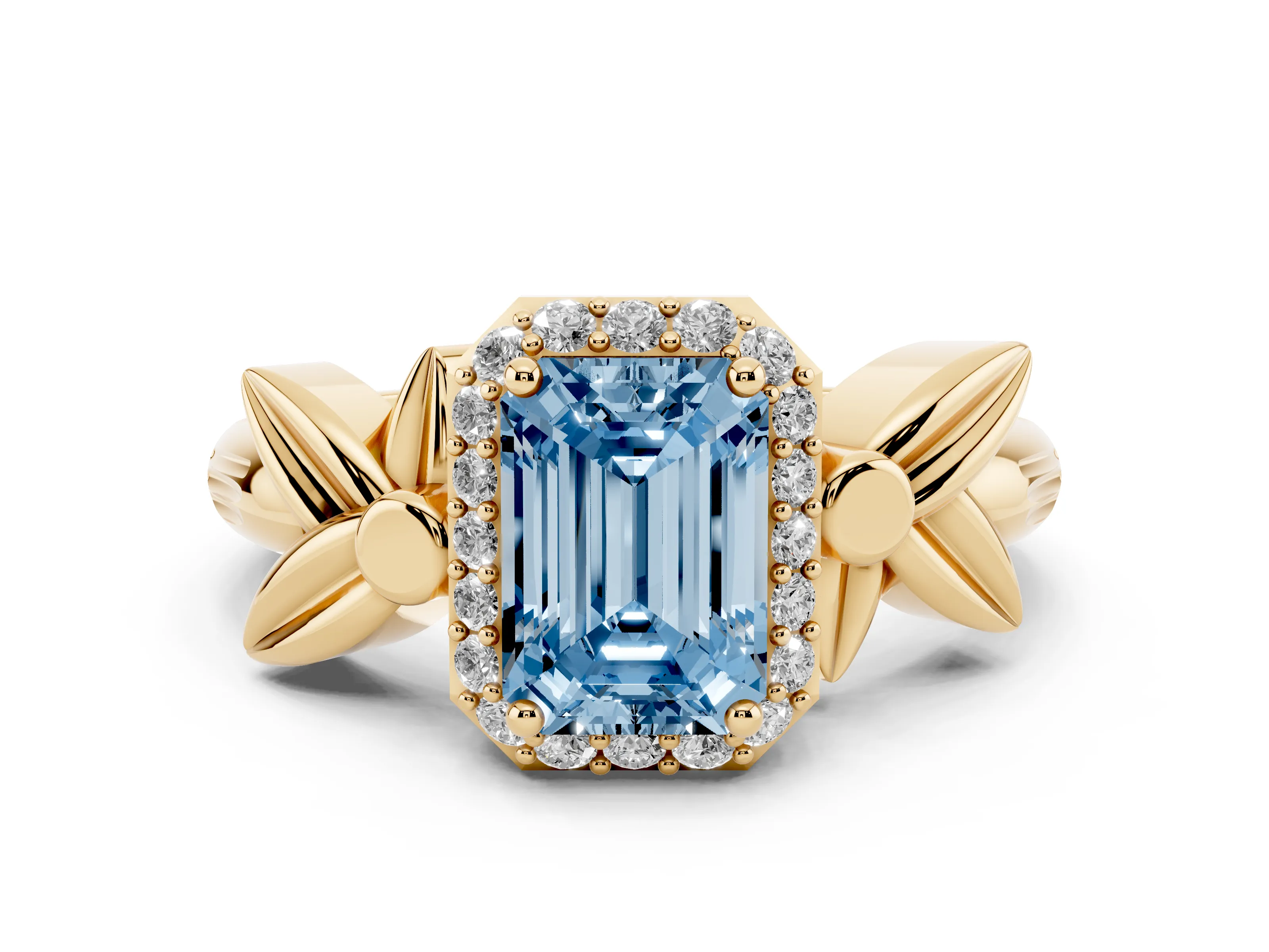 Fancy Blue Emerald Cut Diamond Halo Floral Band Ring Set in Yellow gold with Prong Setting