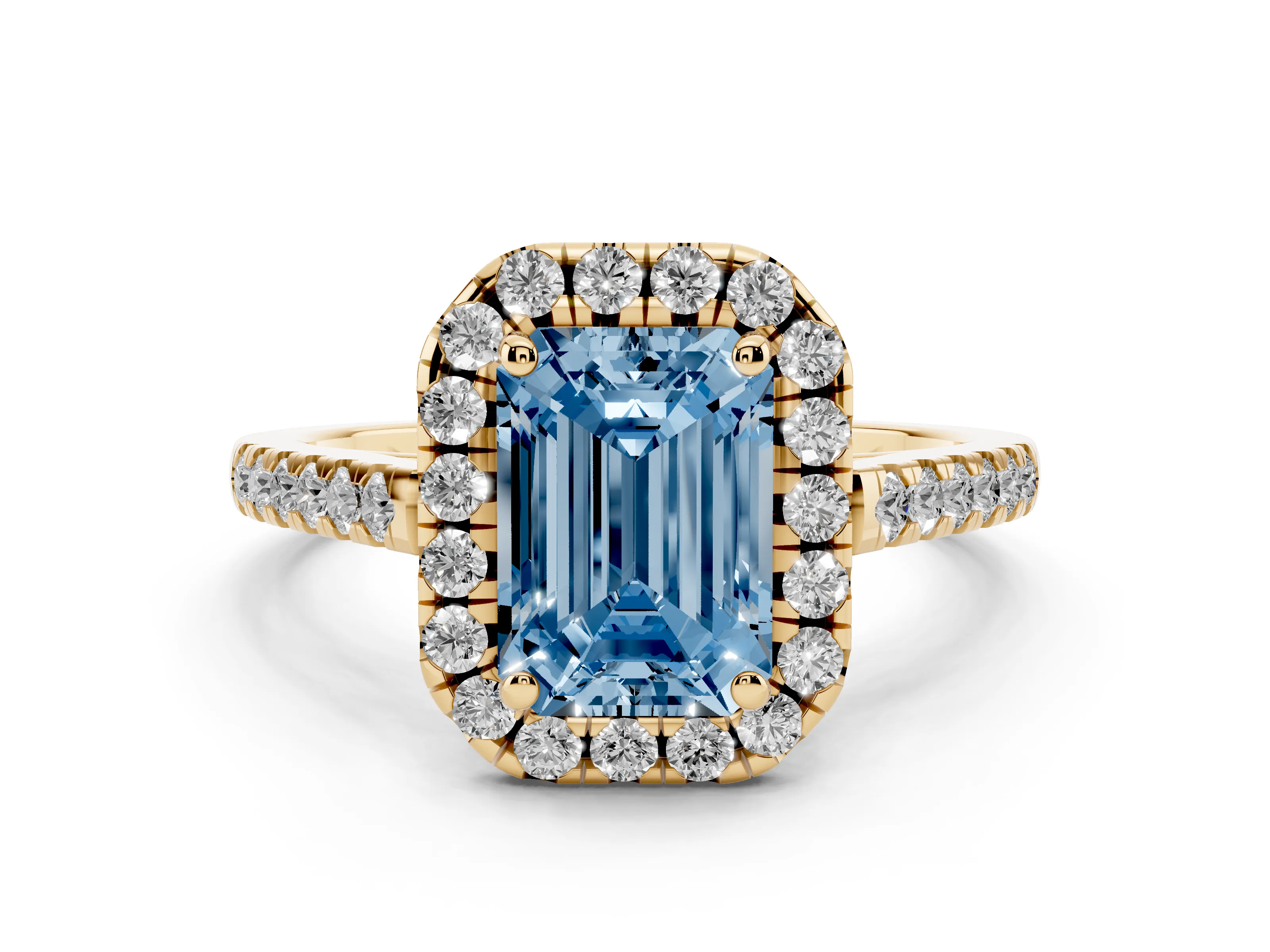 Fancy Blue Emerald Cut Diamond Pavé Halo Engagement Ring Set in Yellow gold with Pavé Band and Prong Setting