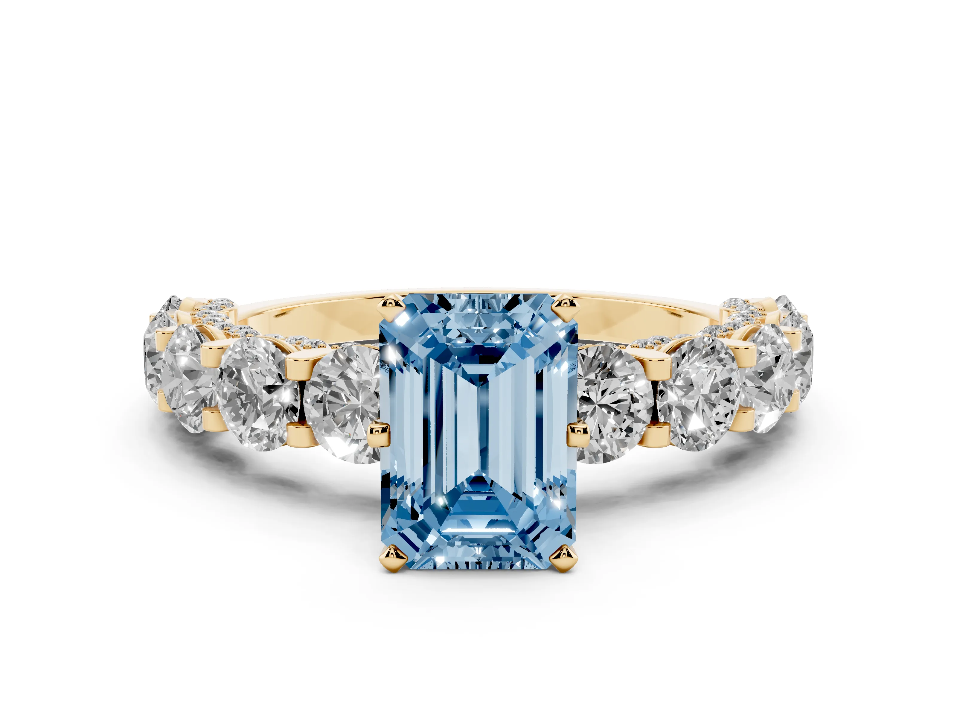 Fancy Blue Emerald Cut Diamond Side Stone Ring Set in Yellow gold with Alternating Round and Oval Side Stones