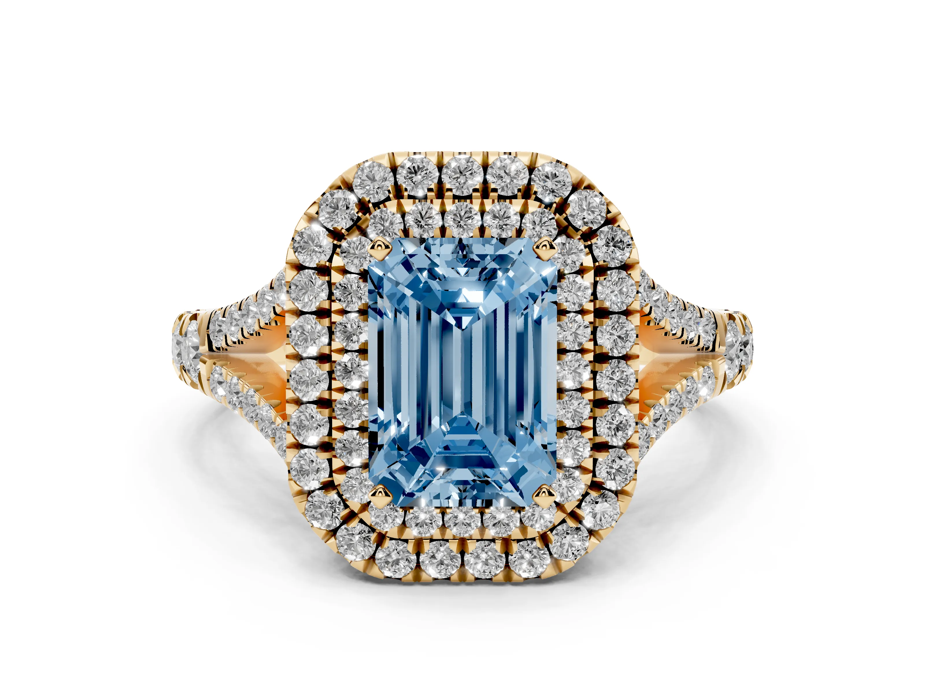 Fancy Blue Emerald Cut Diamond Pavé Split Shank Double Halo Engagement Ring Set in Yellow gold