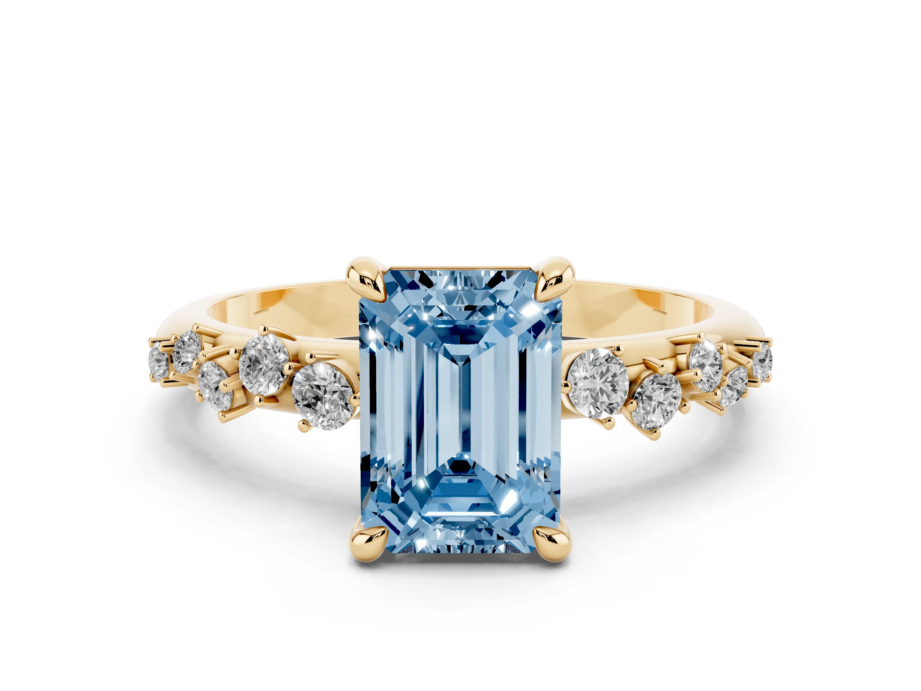 Fancy Blue Emerald Cut Diamond Solitaire Vine Band Ring Set in Yellow gold with Round Accents and Prong Setting