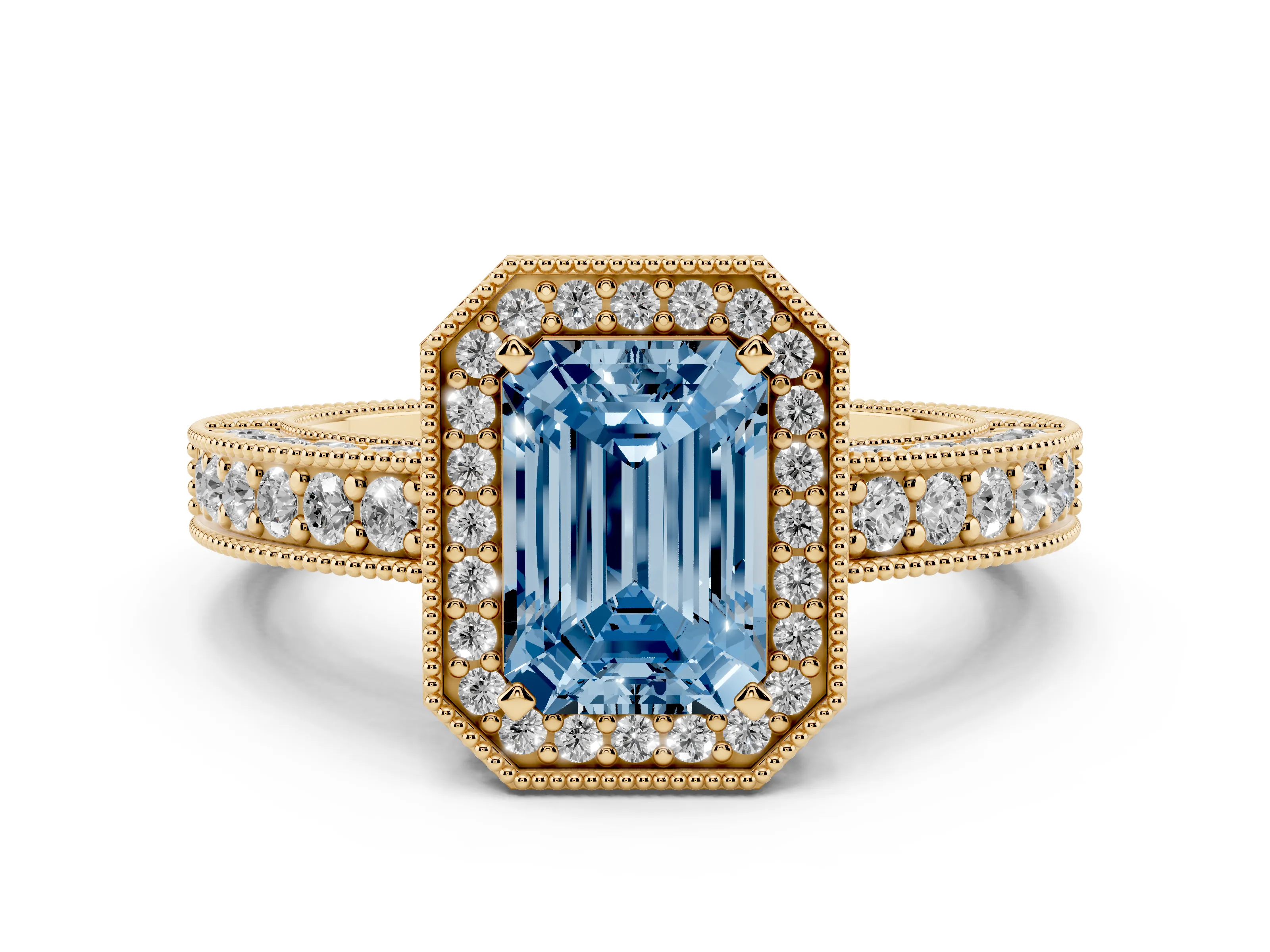 Fancy Blue Emerald Cut Diamond Halo Pavé Band Ring Set in Yellow gold with Prong-Set Center