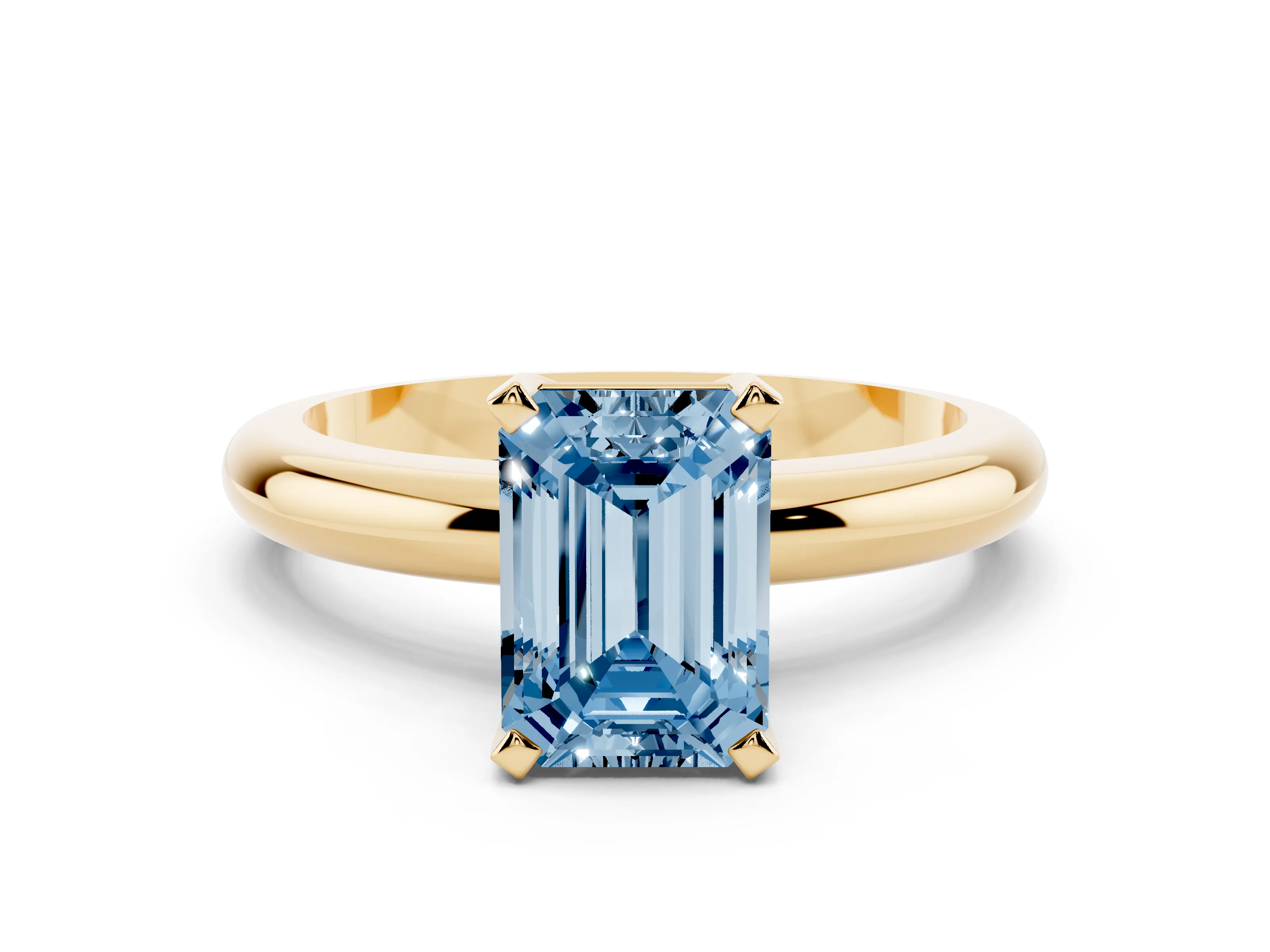 Fancy Blue Emerald Cut Diamond Solitaire Engagement Ring Set in Yellow gold with Round Band and Prong Setting