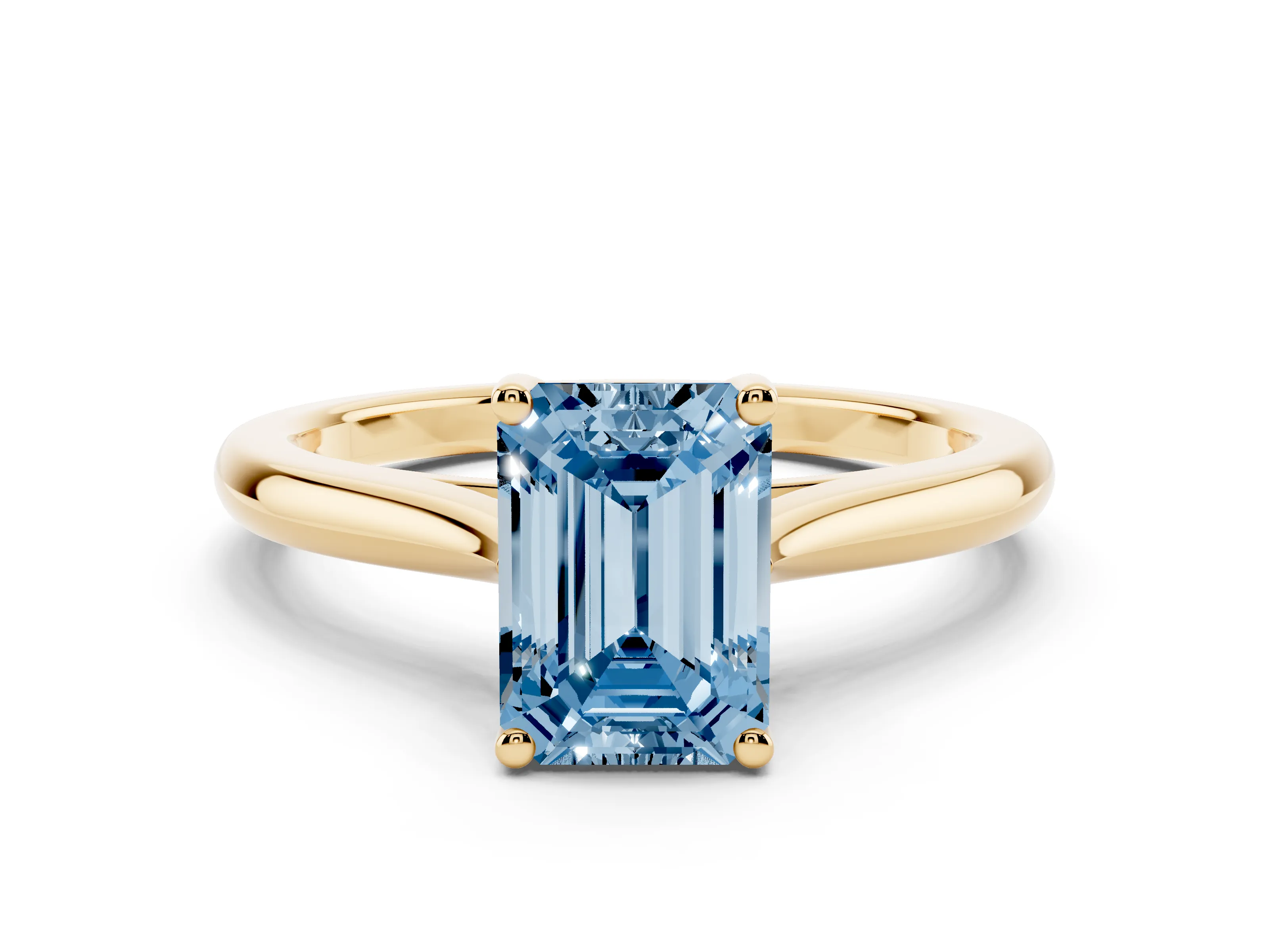 Fancy Blue Emerald Cut Diamond Solitaire Ring Set in Yellow gold with Cathedral Band and Prong Setting
