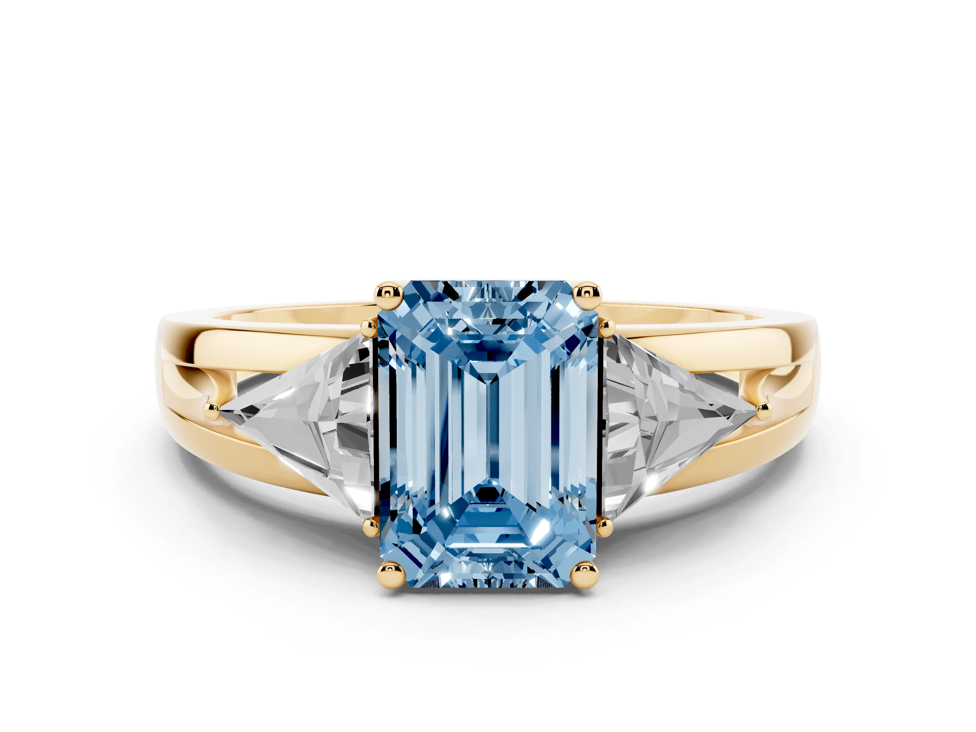 Fancy Blue Emerald Cut Diamond Three-Stone Ring Set in Yellow gold with Trillion Side Stones and Split Shank