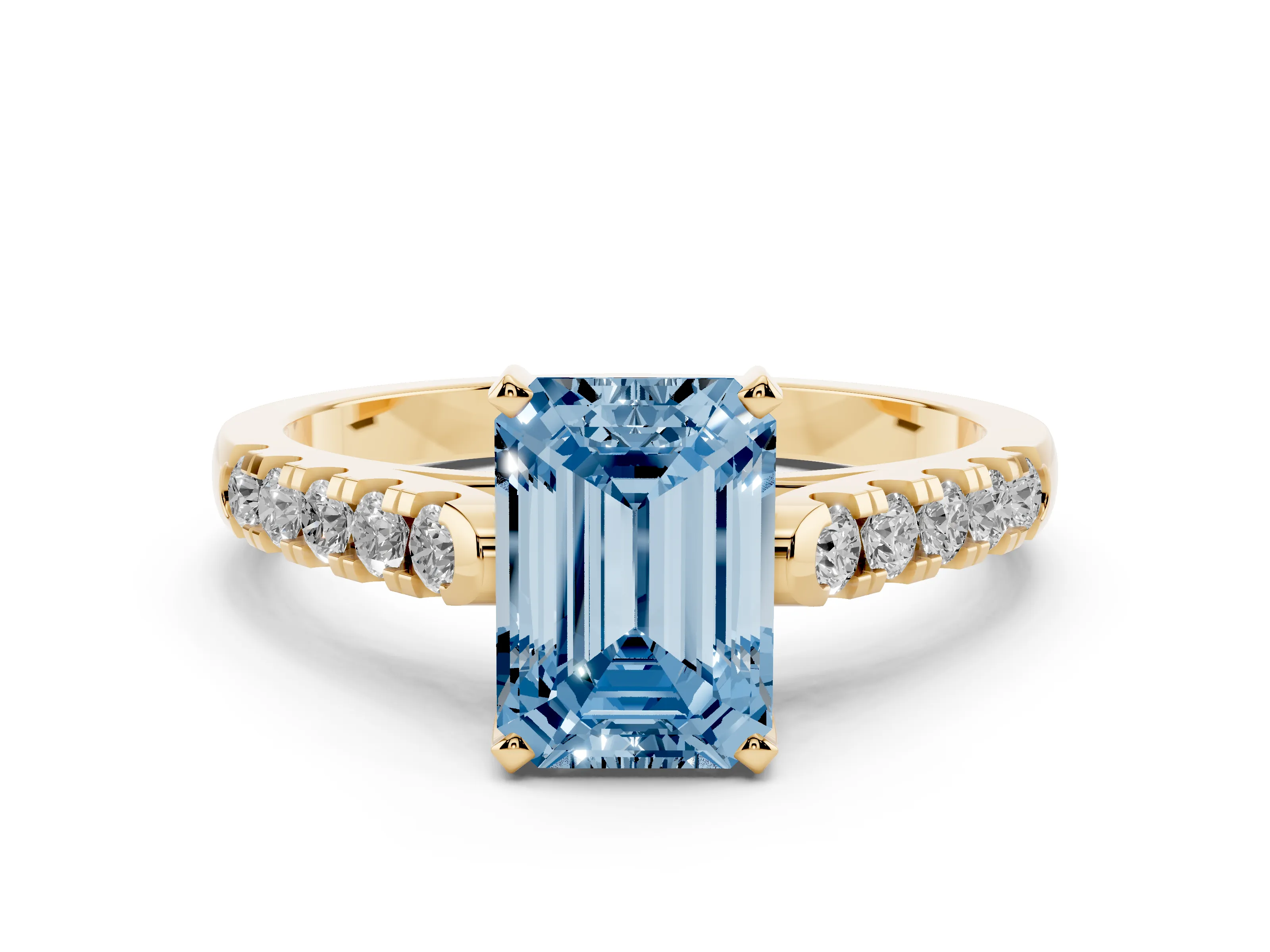 Fancy Blue Emerald Cut Diamond Pavé Band Solitaire Ring Set in Yellow gold with Partway Accent Stones and Prong Setting