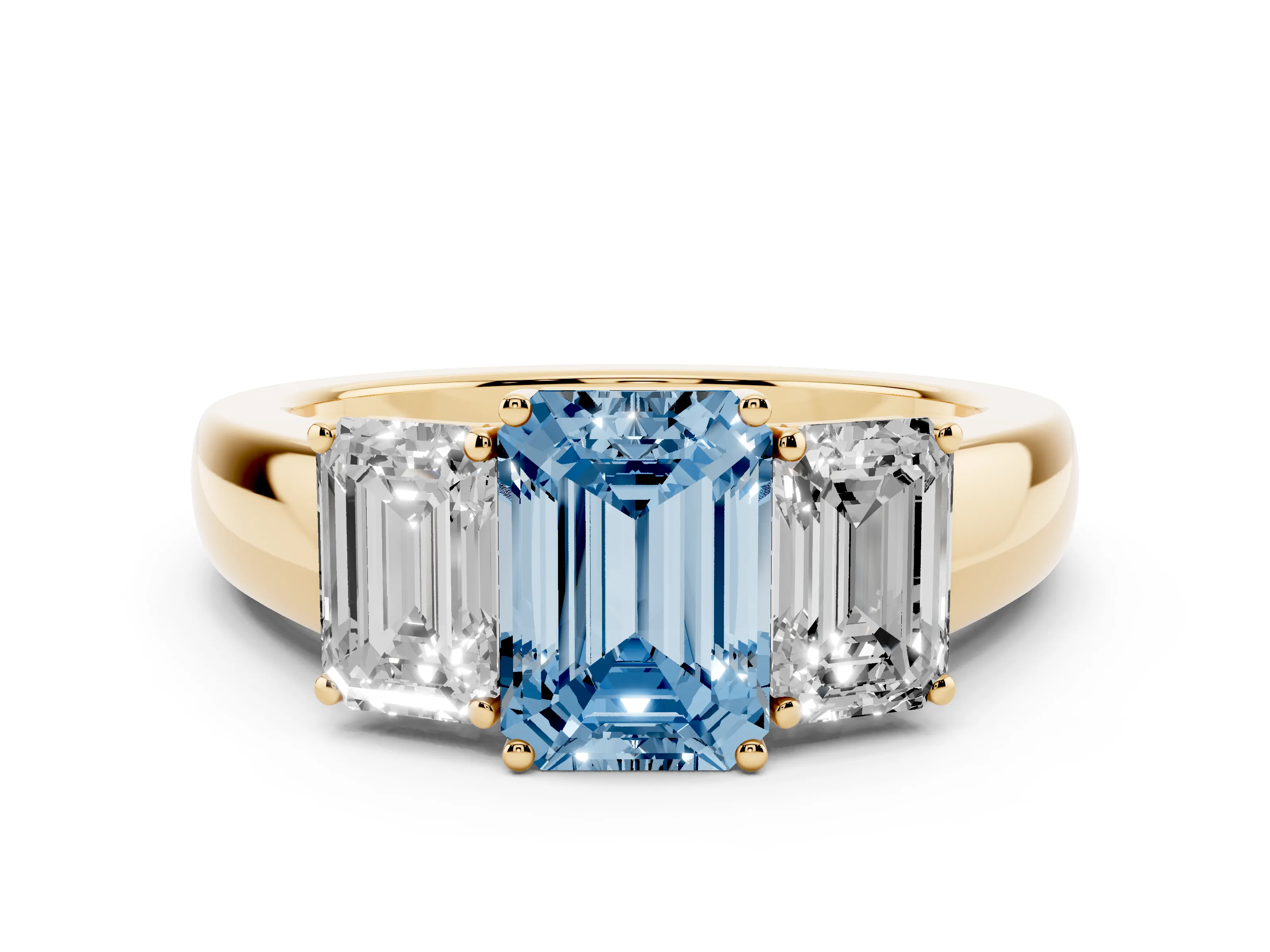 Fancy Blue Three-Stone Emerald Cut Diamond Ring Set in Yellow gold with Matching Prong Settings and Plain Band