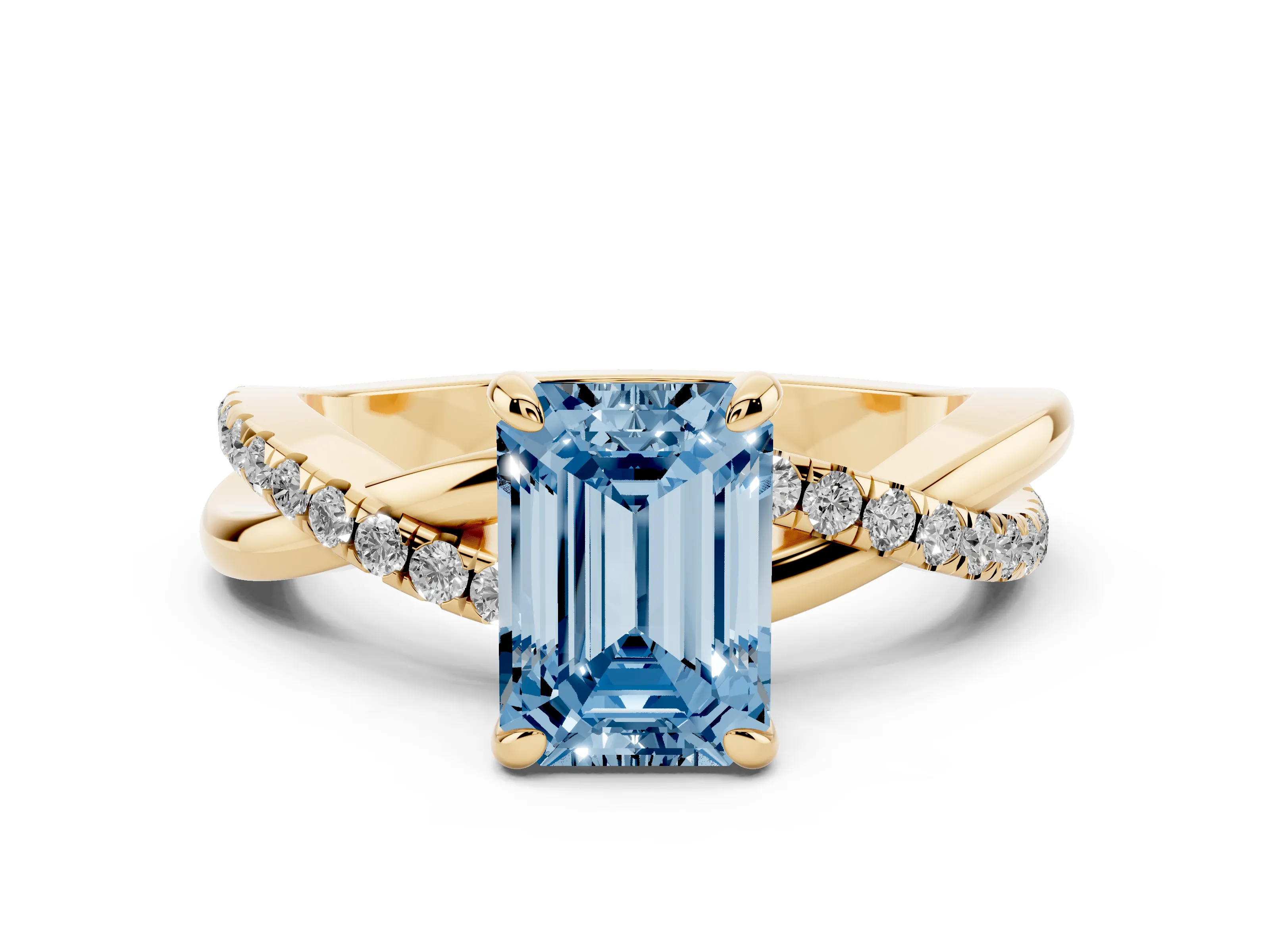 Fancy Blue Emerald Cut Diamond Twist Band Pavé Solitaire Ring Set in Yellow gold with Prong Setting