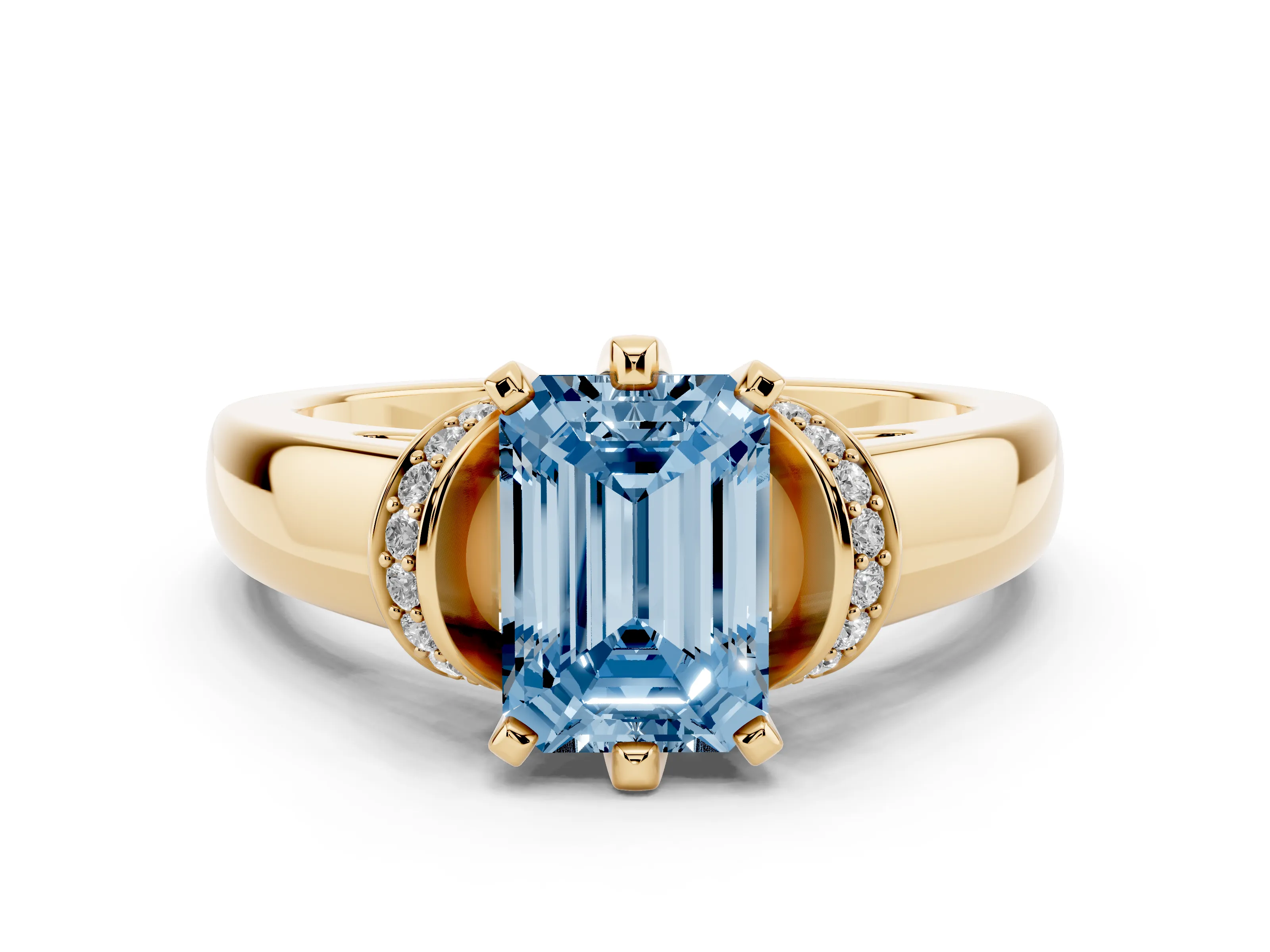 Fancy Blue Emerald Cut Diamond Pavé Band Solitaire Ring Set in Yellow gold with Prong Setting