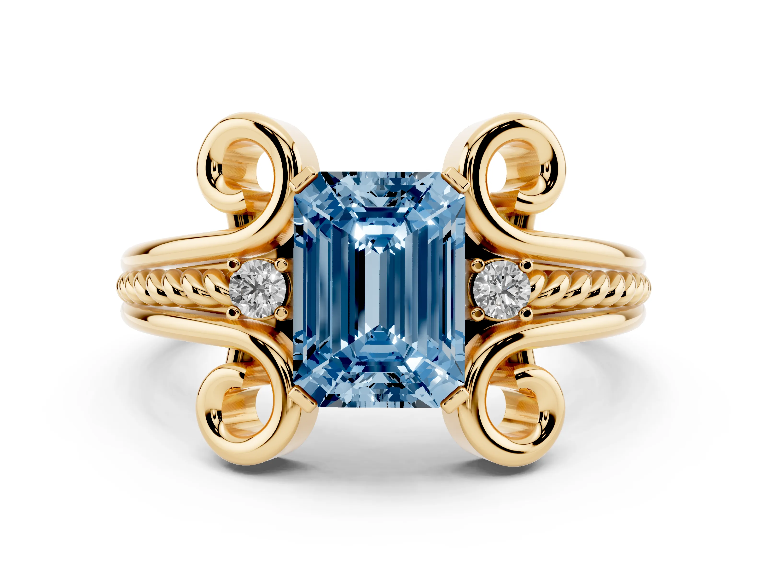 Fancy Blue Emerald Cut Diamond Twisted Band Solitaire Ring Set in Yellow gold with Scroll Prongs