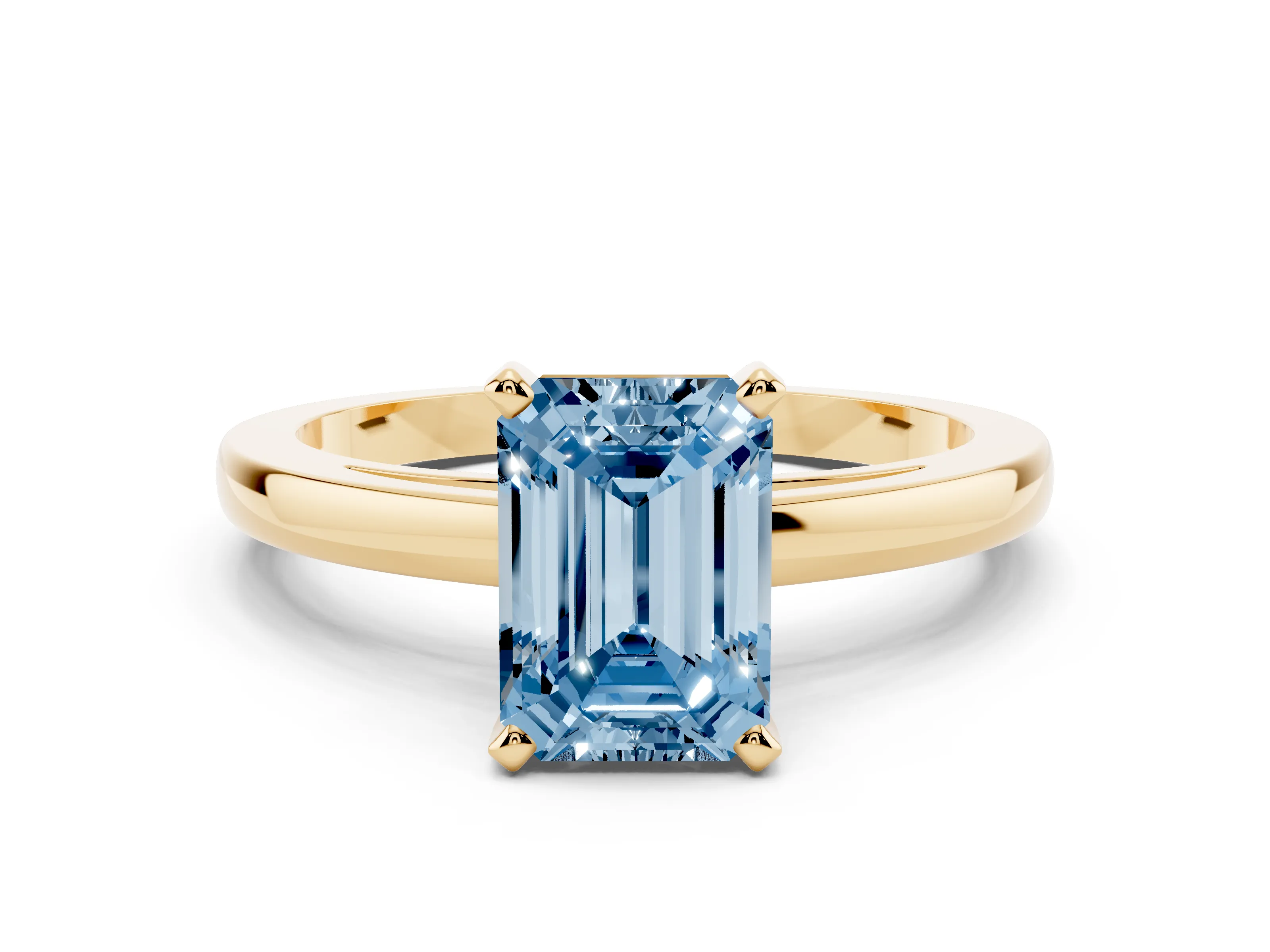 Fancy Blue Emerald Cut Diamond Solitaire Engagement Ring Set in Yellow gold with Prong Setting on a Classic Band