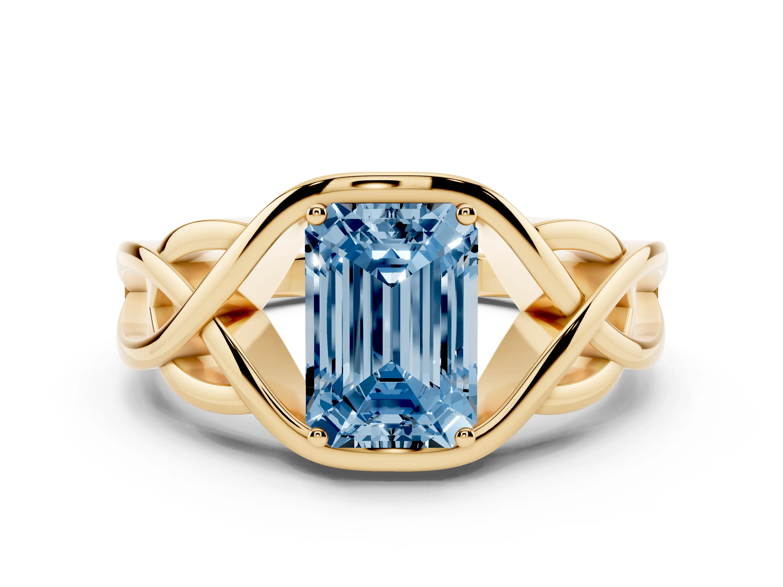 Fancy Blue Emerald Cut Diamond Solitaire Ring Set in Yellow gold with Intertwined Band