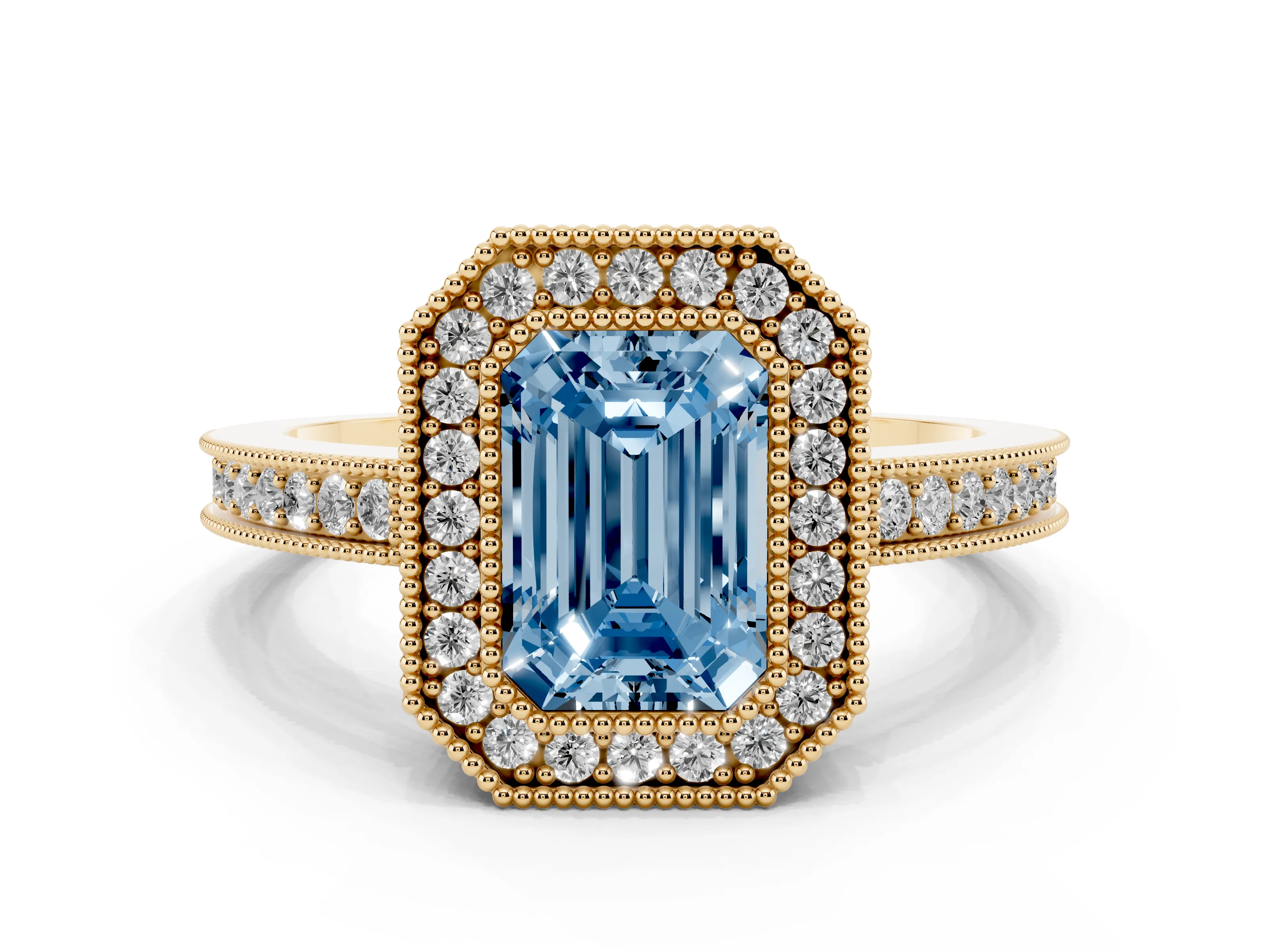 Fancy Blue Emerald Cut Diamond Round Halo Ring Set in Yellow gold with Pavé Band