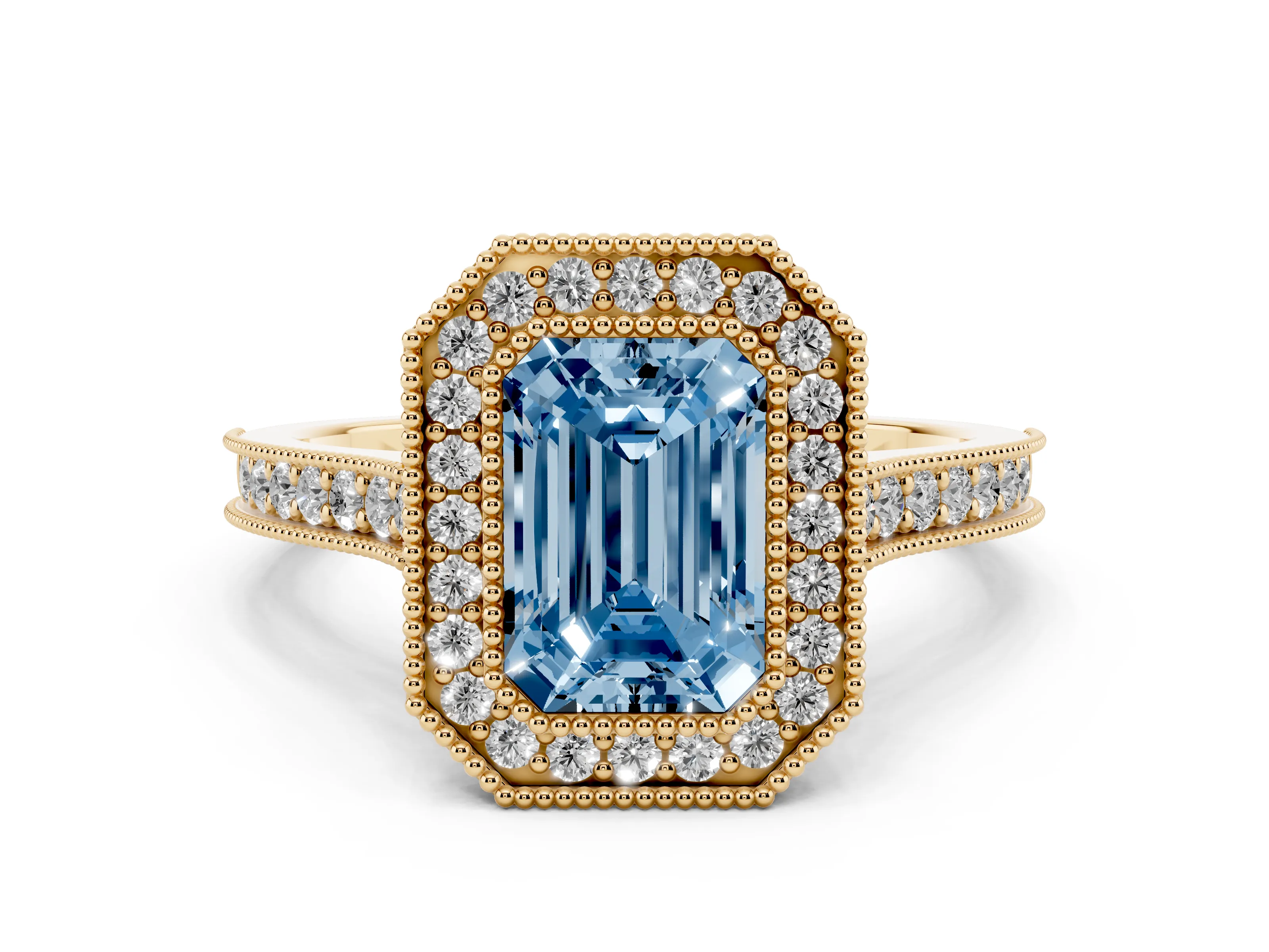 Fancy Blue Emerald Cut Diamond Halo Milgrain Pavé Band Ring Set in Yellow gold with Prong Setting