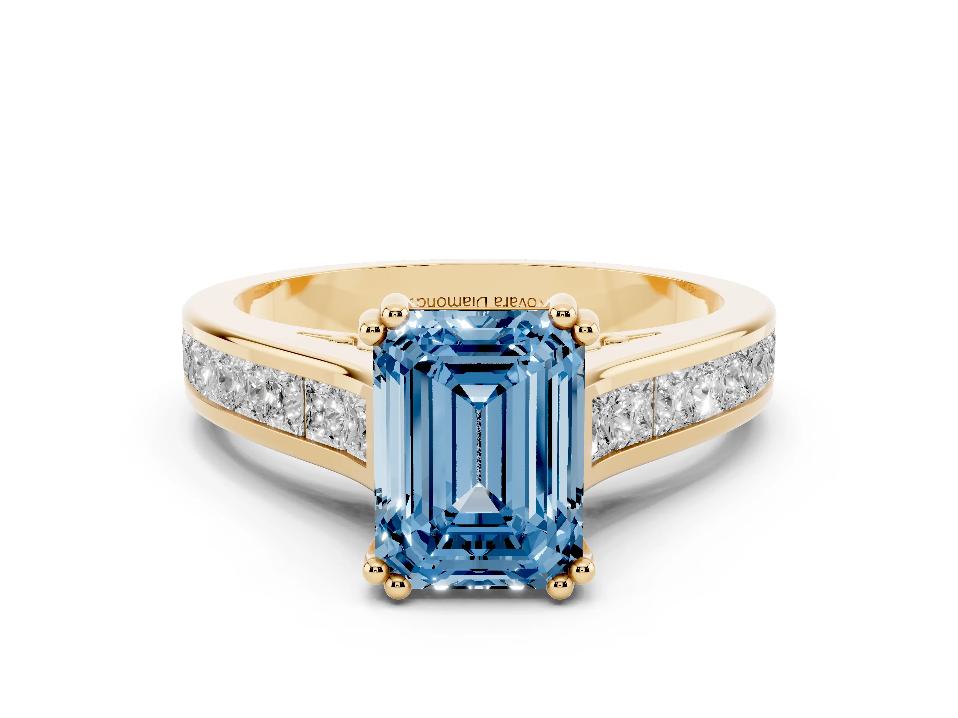 Fancy Blue Emerald Cut Diamond Channel Set Solitaire Engagement Ring Set in Yellow gold with Prong Setting