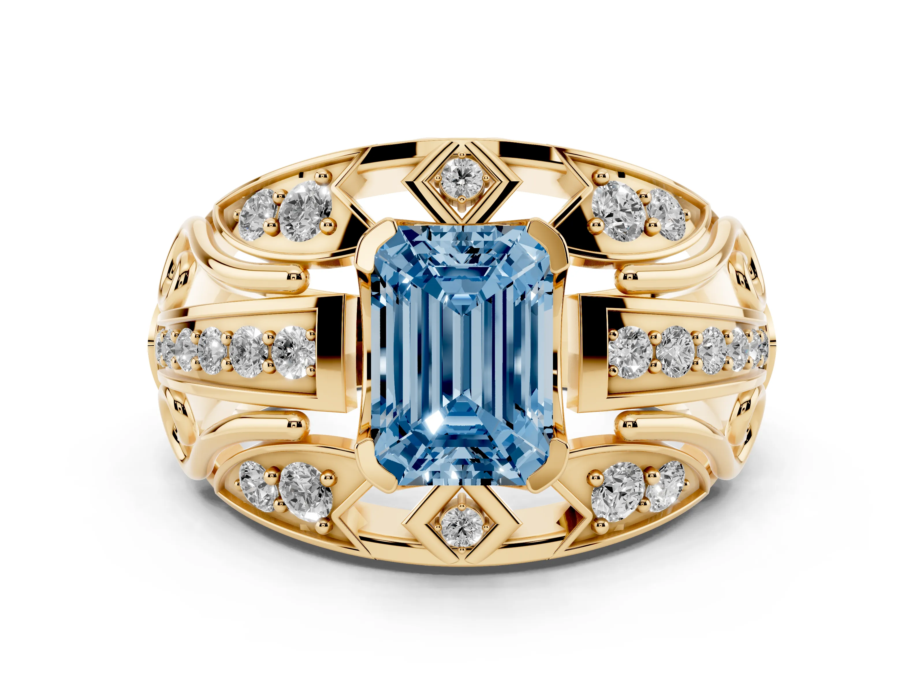 Fancy Blue Emerald Cut Diamond Art Deco Ring Set in Yellow gold with Pavé Split Shank