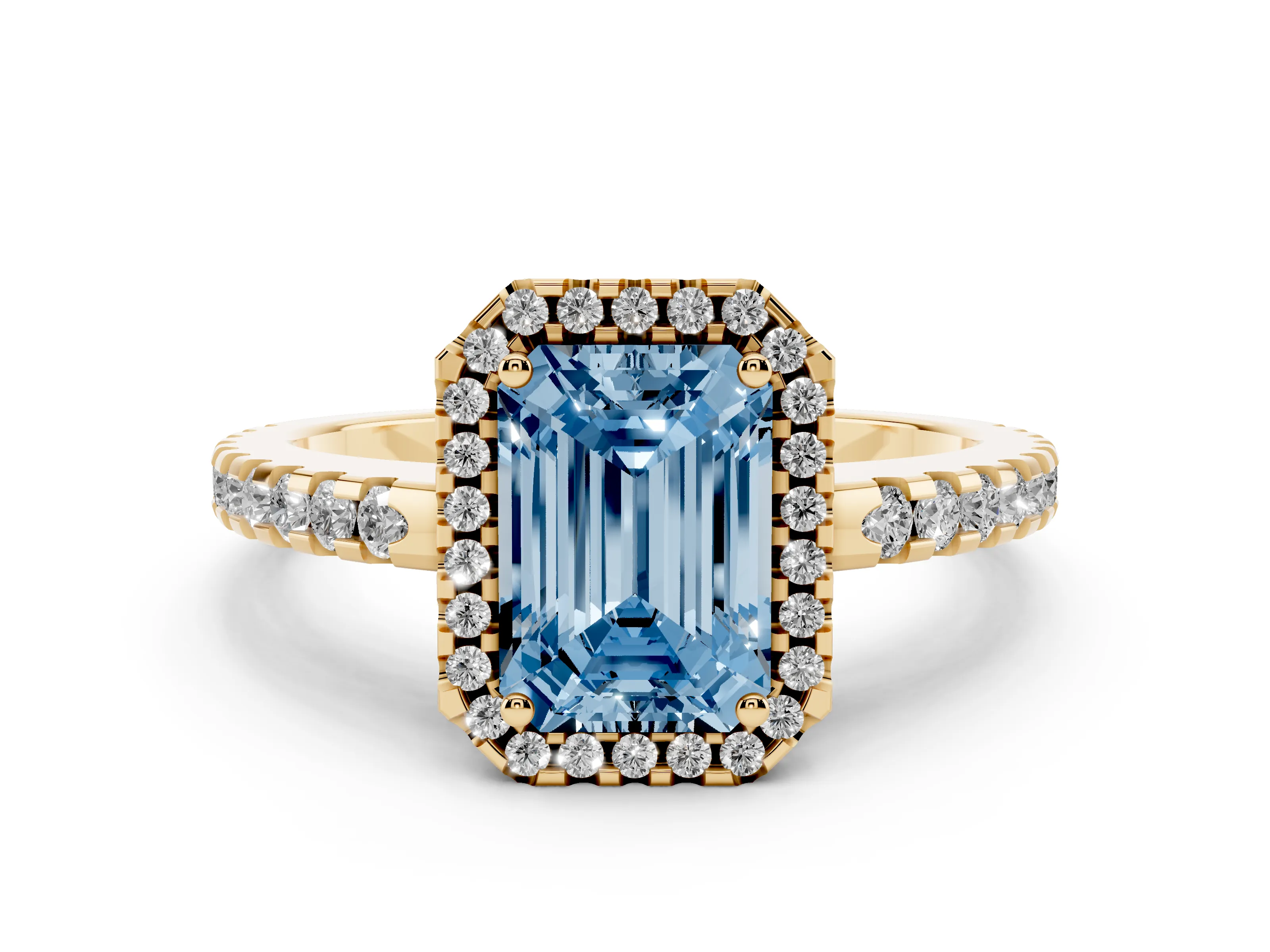 Fancy Blue Emerald Cut Diamond Halo Ring Set in Yellow gold with Pavé Shoulders and Halo-Framed Center