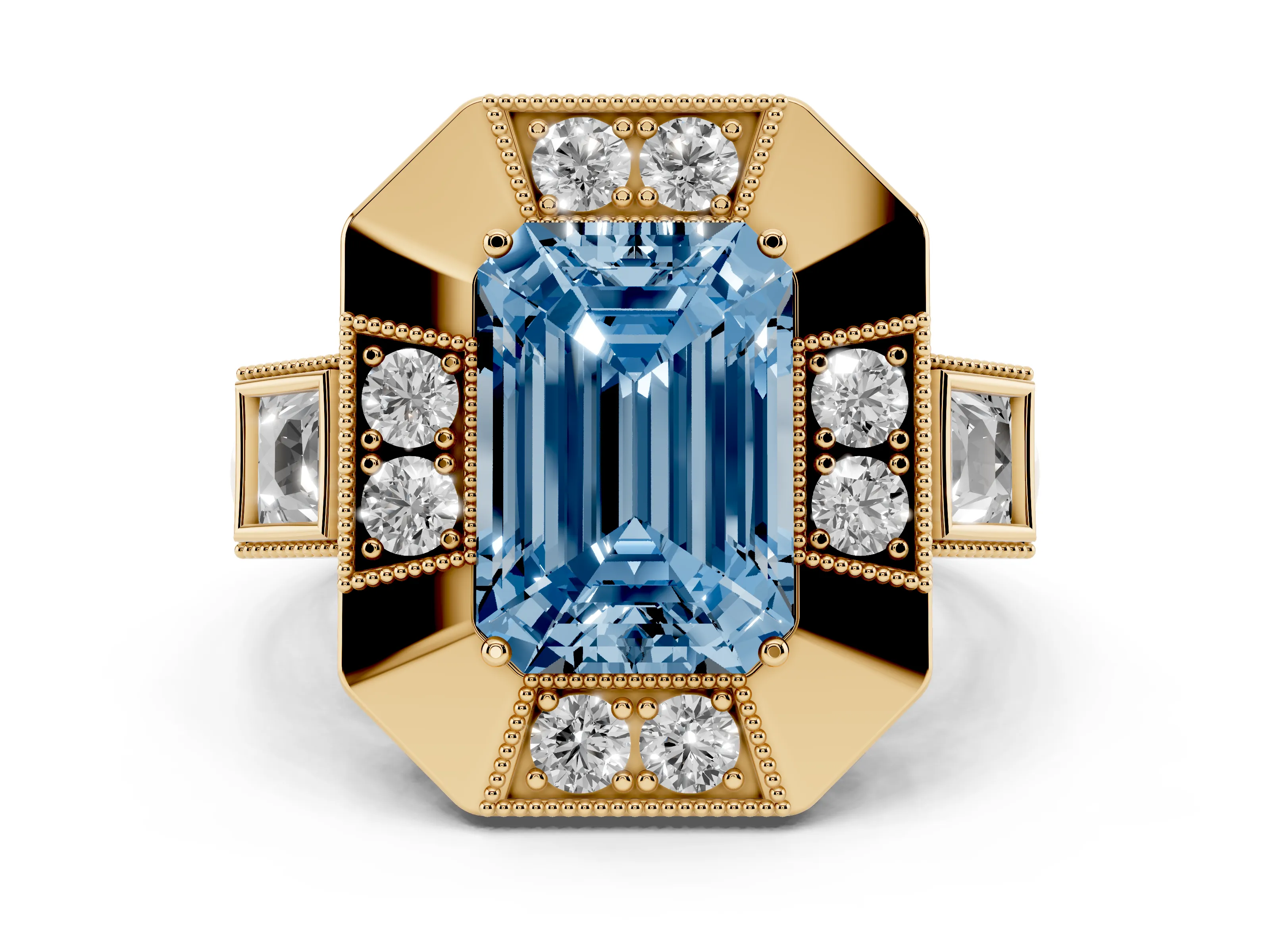 Fancy Blue Emerald Cut Diamond Milgrain Halo Ring Set in Yellow gold with Split Shank