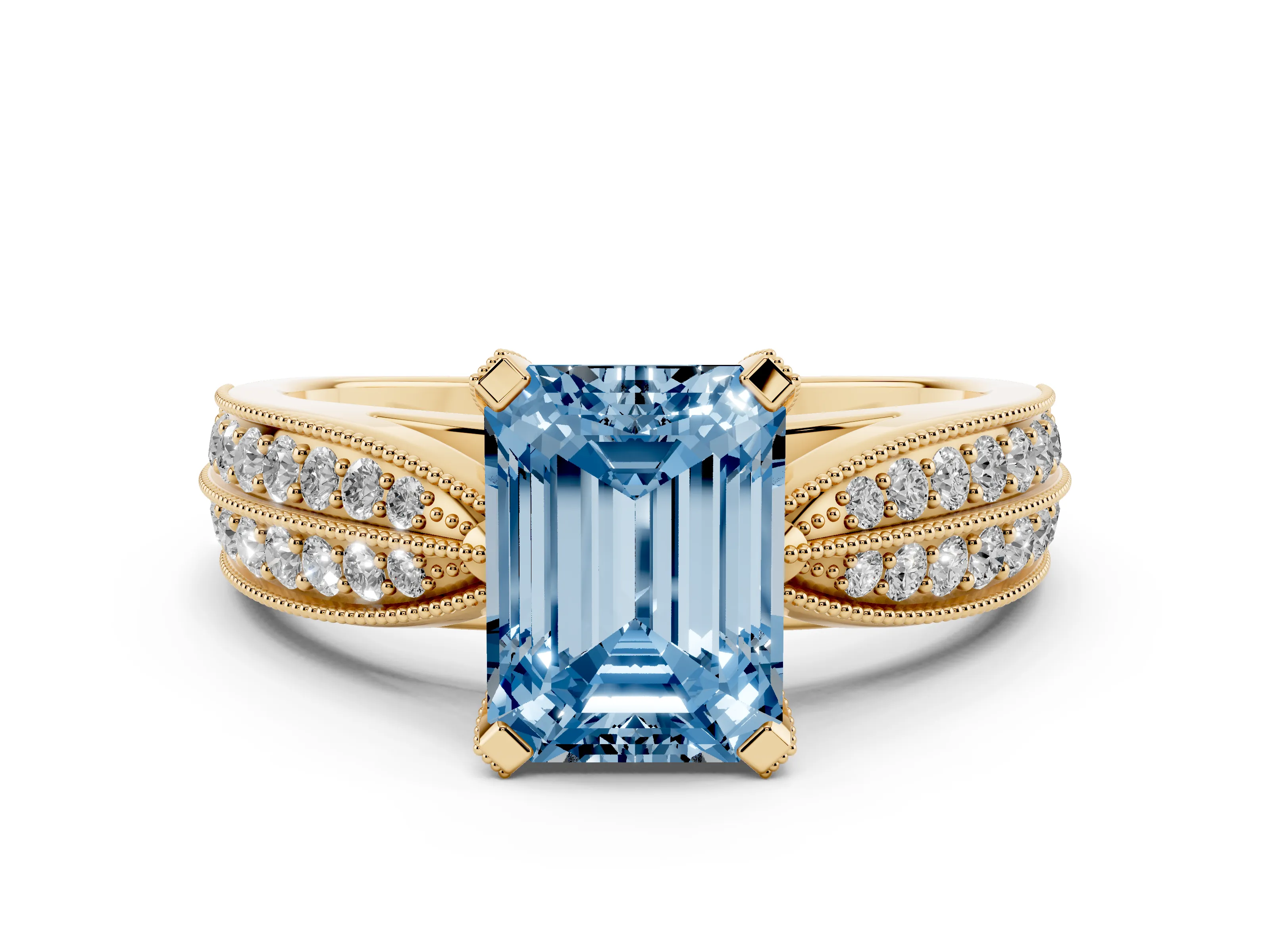 Fancy Blue Emerald Cut Diamond Solitaire Ring Set in Yellow gold with Milgrain Double Row Round Pavé Band