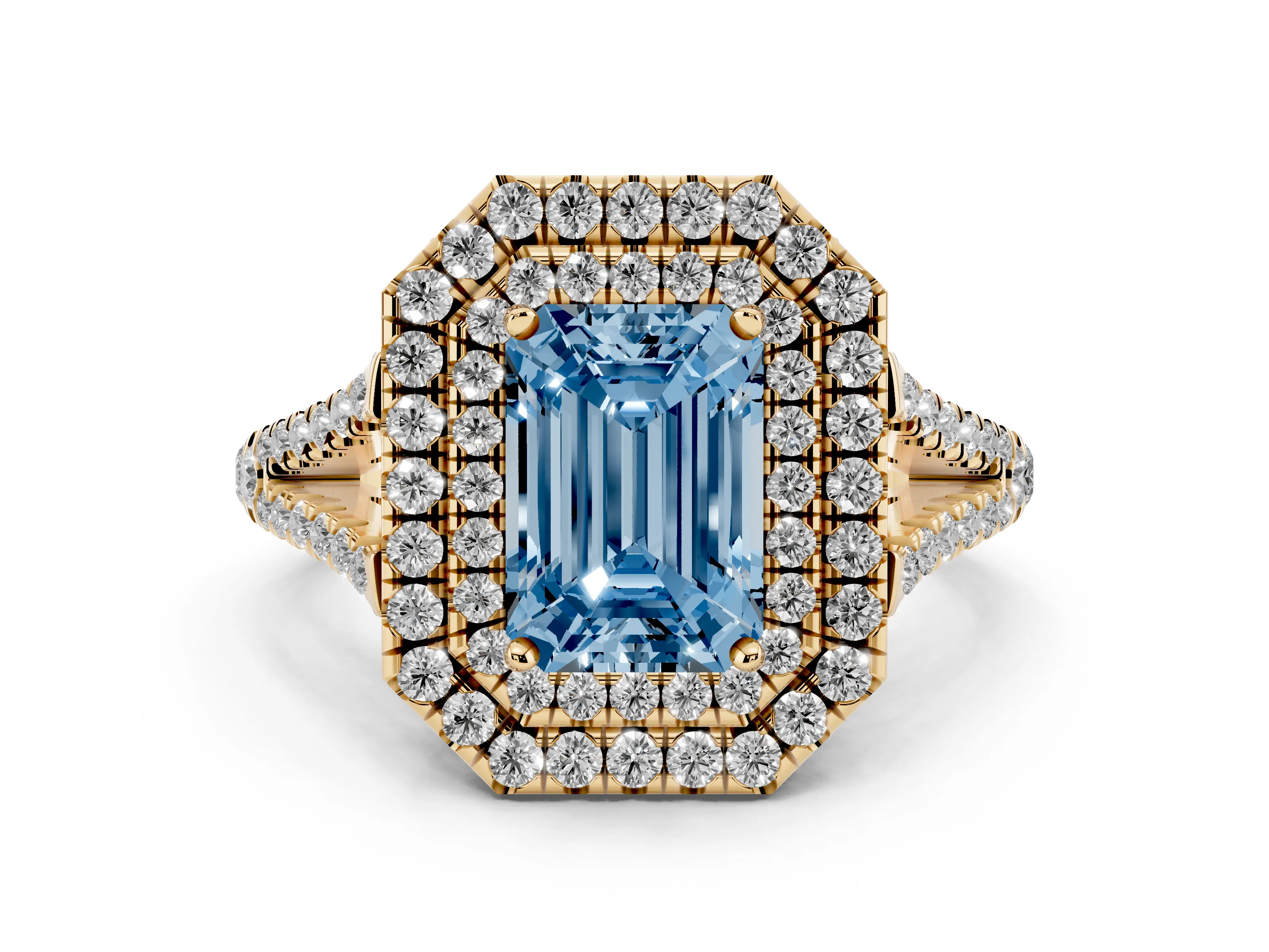 Fancy Blue Emerald Cut Diamond Double Halo Ring Set in Yellow gold with Pavé Band