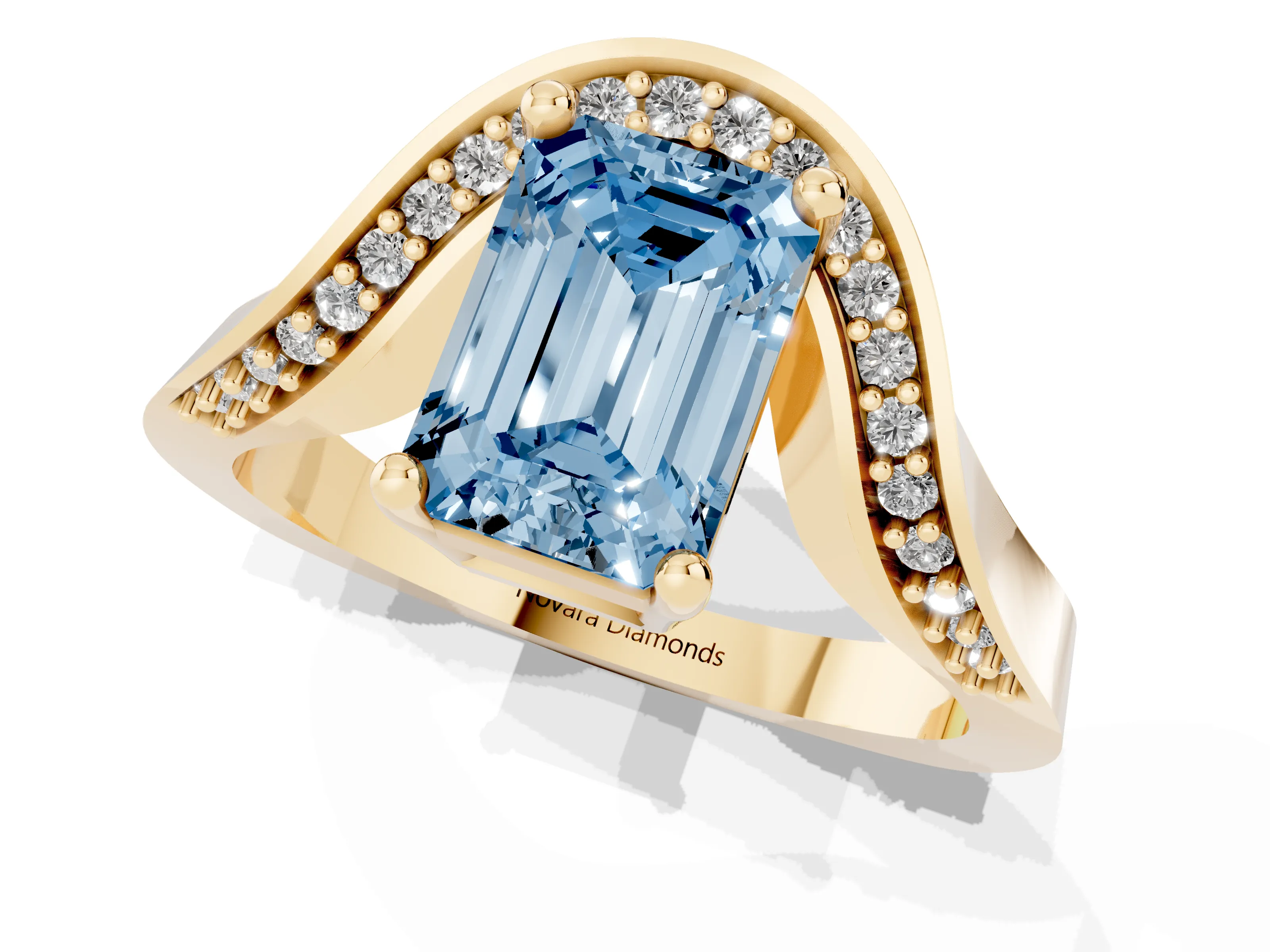 Fancy Blue Emerald Cut Diamond Solitaire Engagement Ring Set in Yellow gold with Pavé Shoulders