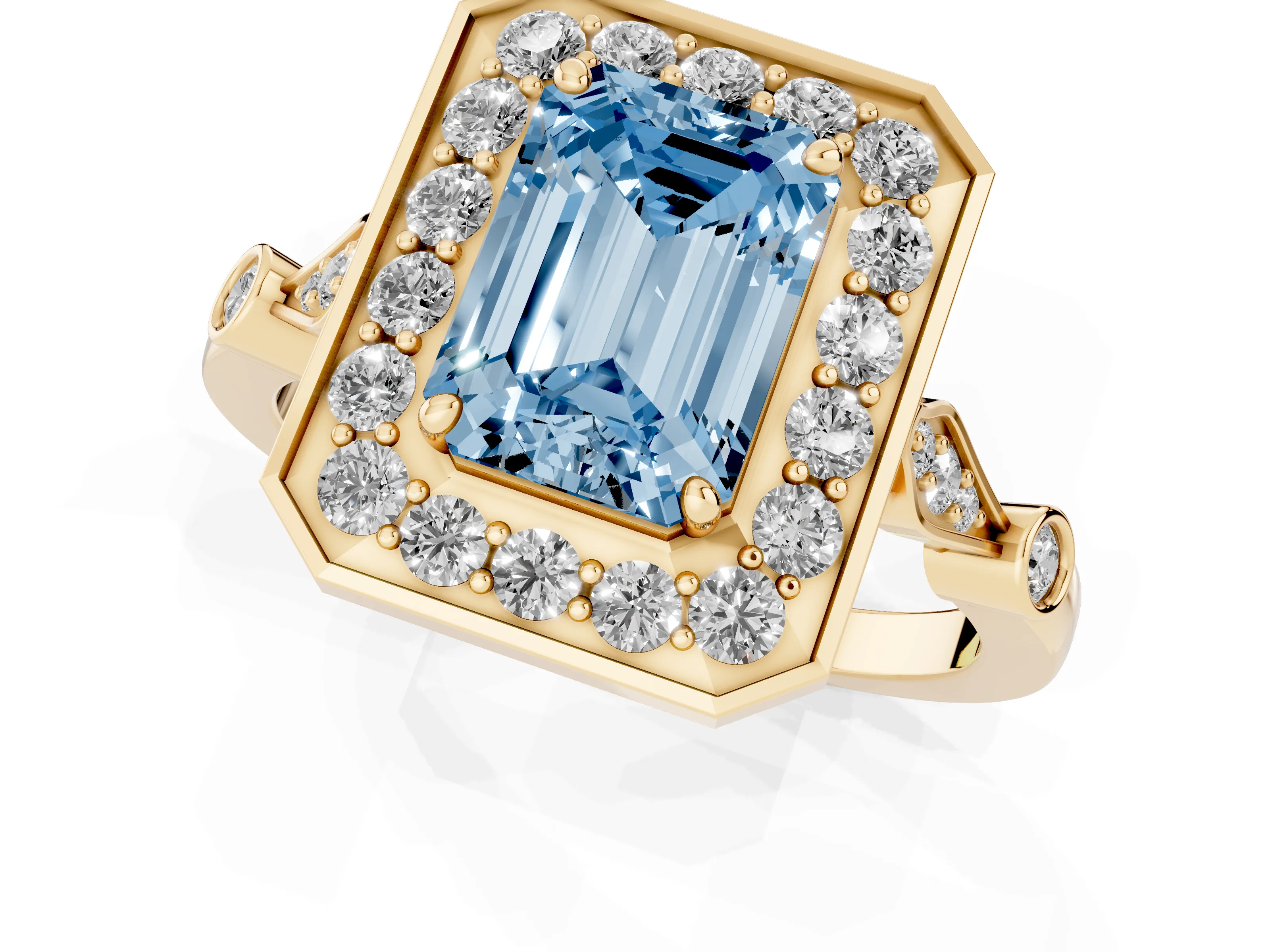 Fancy Blue Emerald Cut Diamond Halo Engagement Ring Set in Yellow gold with Twisted Band and Prong Setting