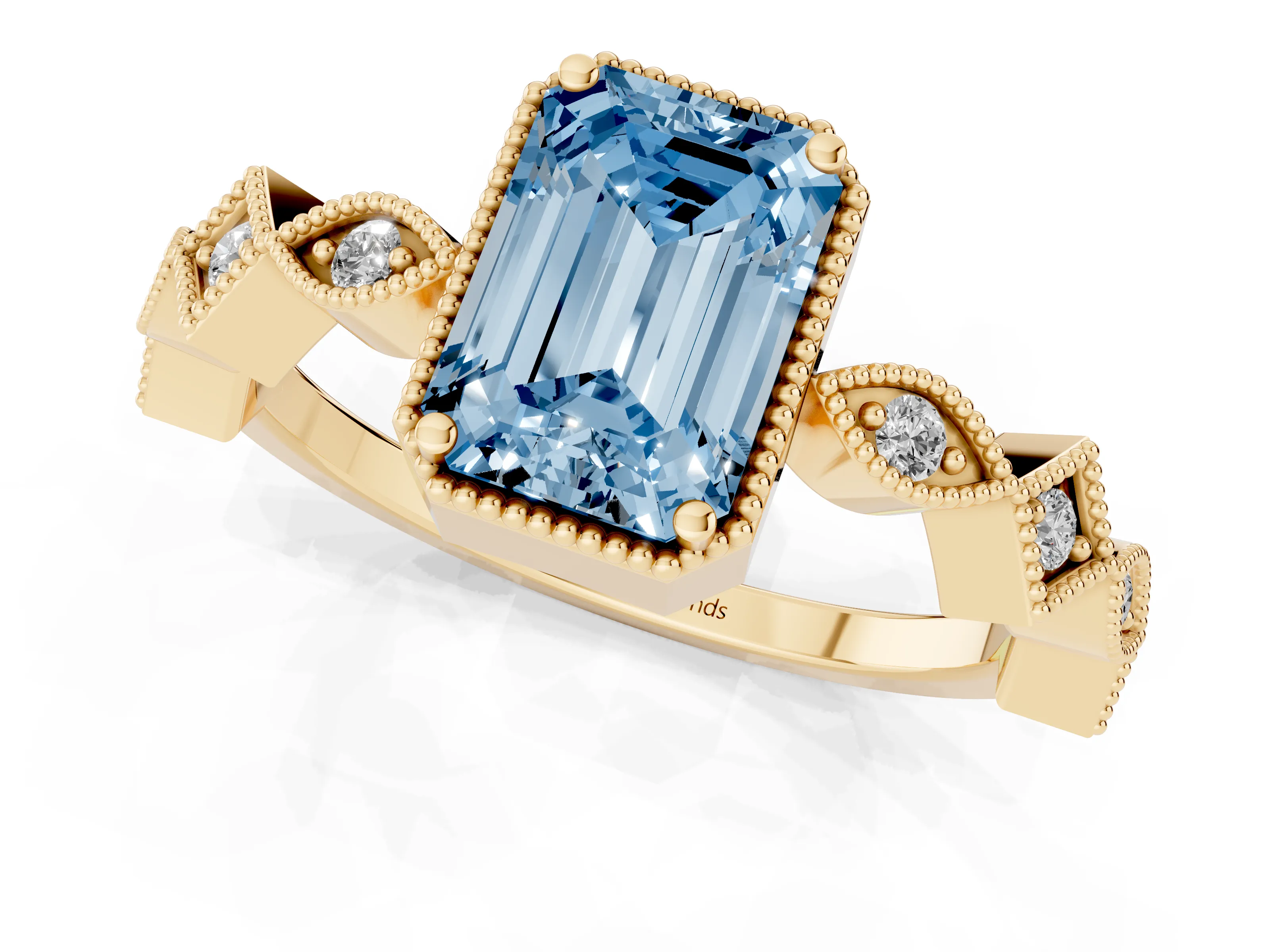 Fancy Blue Emerald Cut Diamond Milgrain Marquise Twist Band Ring Set in Yellow gold with Prong Setting