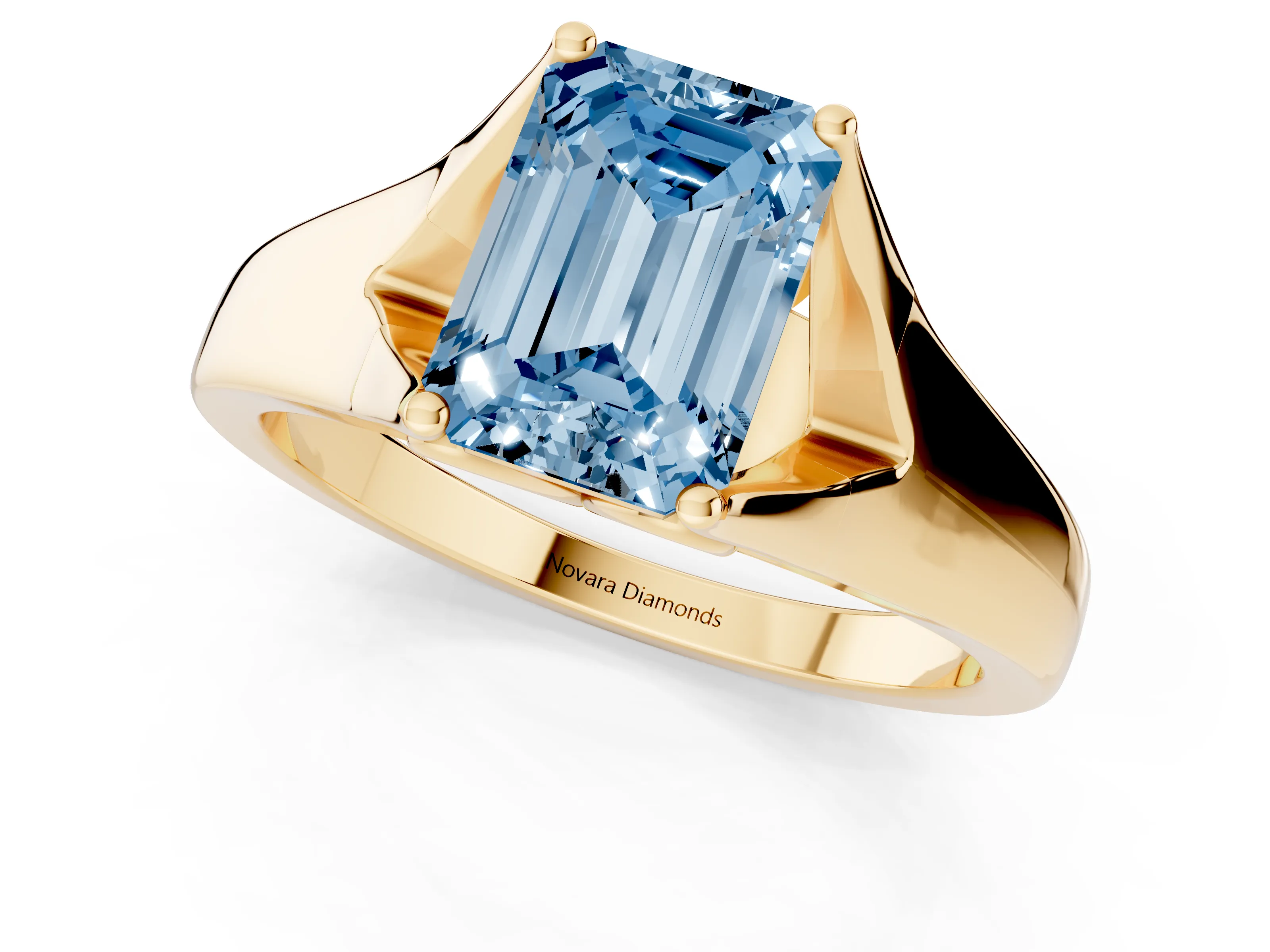 Fancy Blue Emerald Cut Diamond Solitaire Ring Set in Yellow gold with Arched Cathedral Band and Prong Setting
