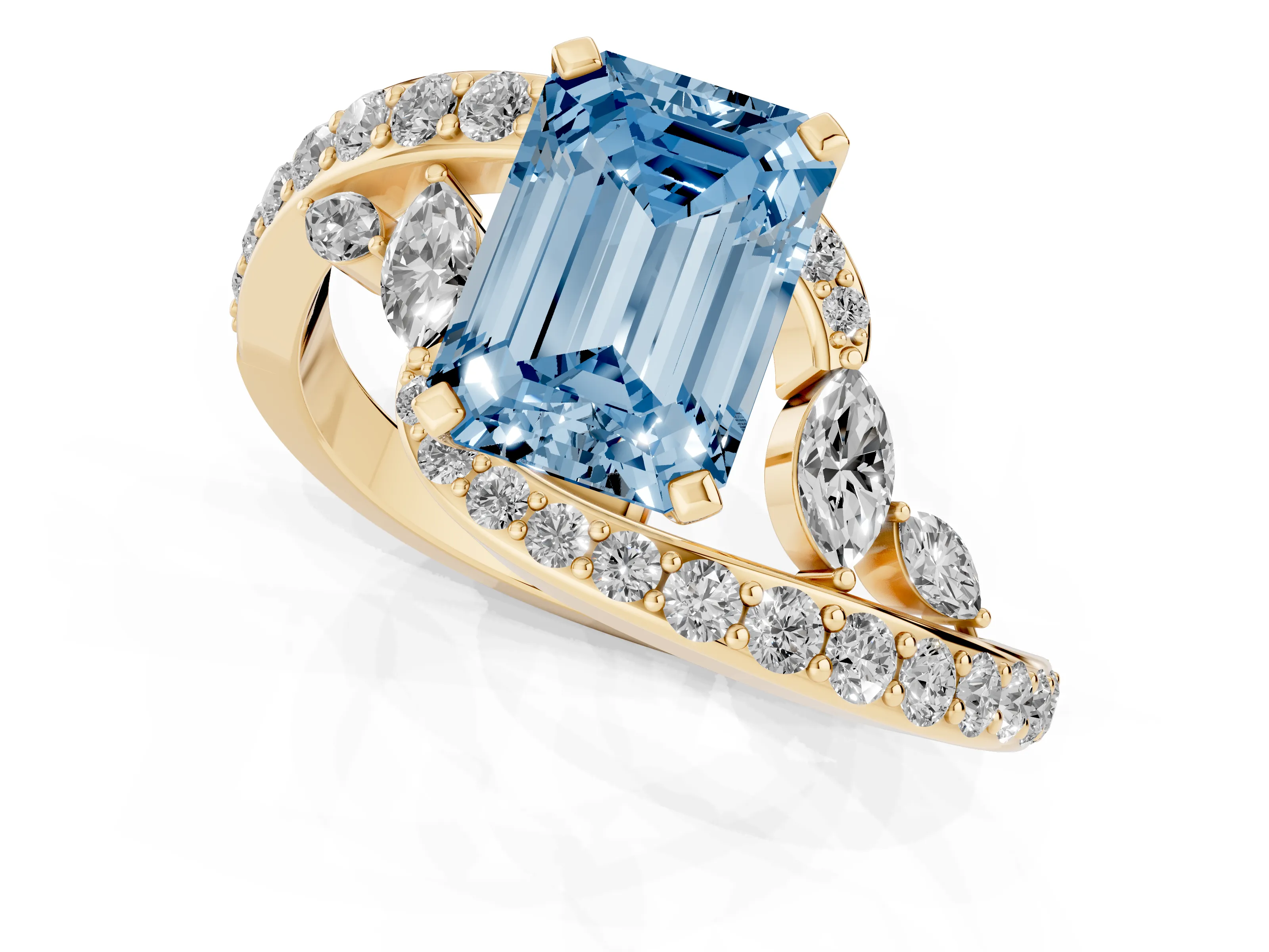Fancy Blue Emerald Cut Diamond Solitaire Ring Set in Yellow gold with Pavé Twist Band and Secure Prong Setting