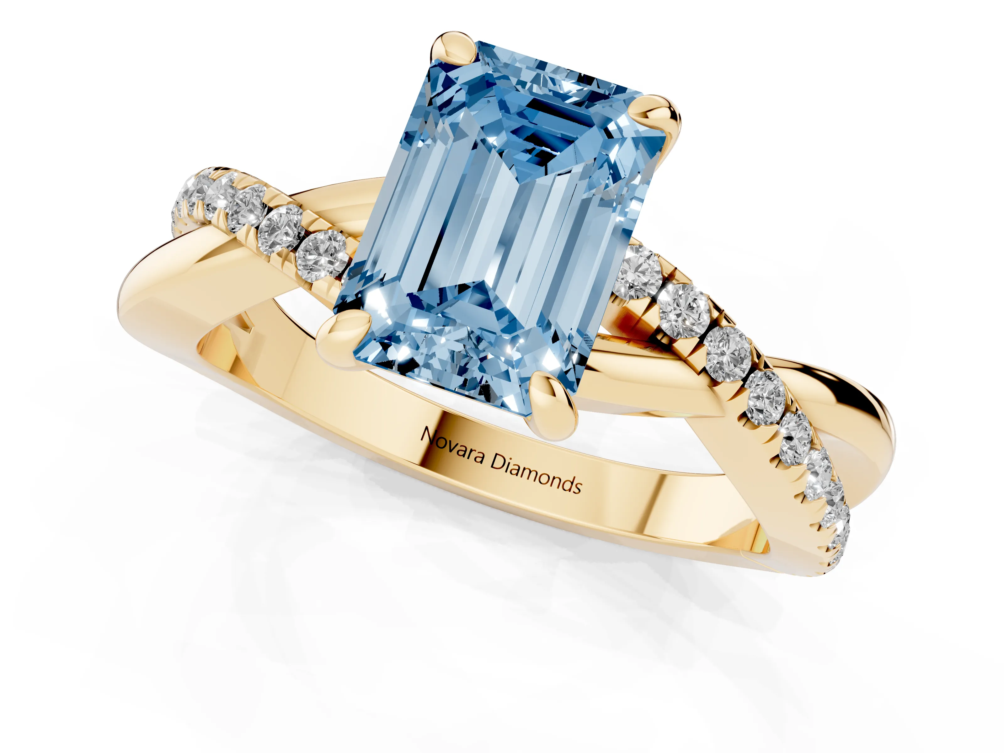 Fancy Blue Emerald Cut Diamond Twist Band Solitaire Set in Yellow gold with Pavé Accents and Prong Setting