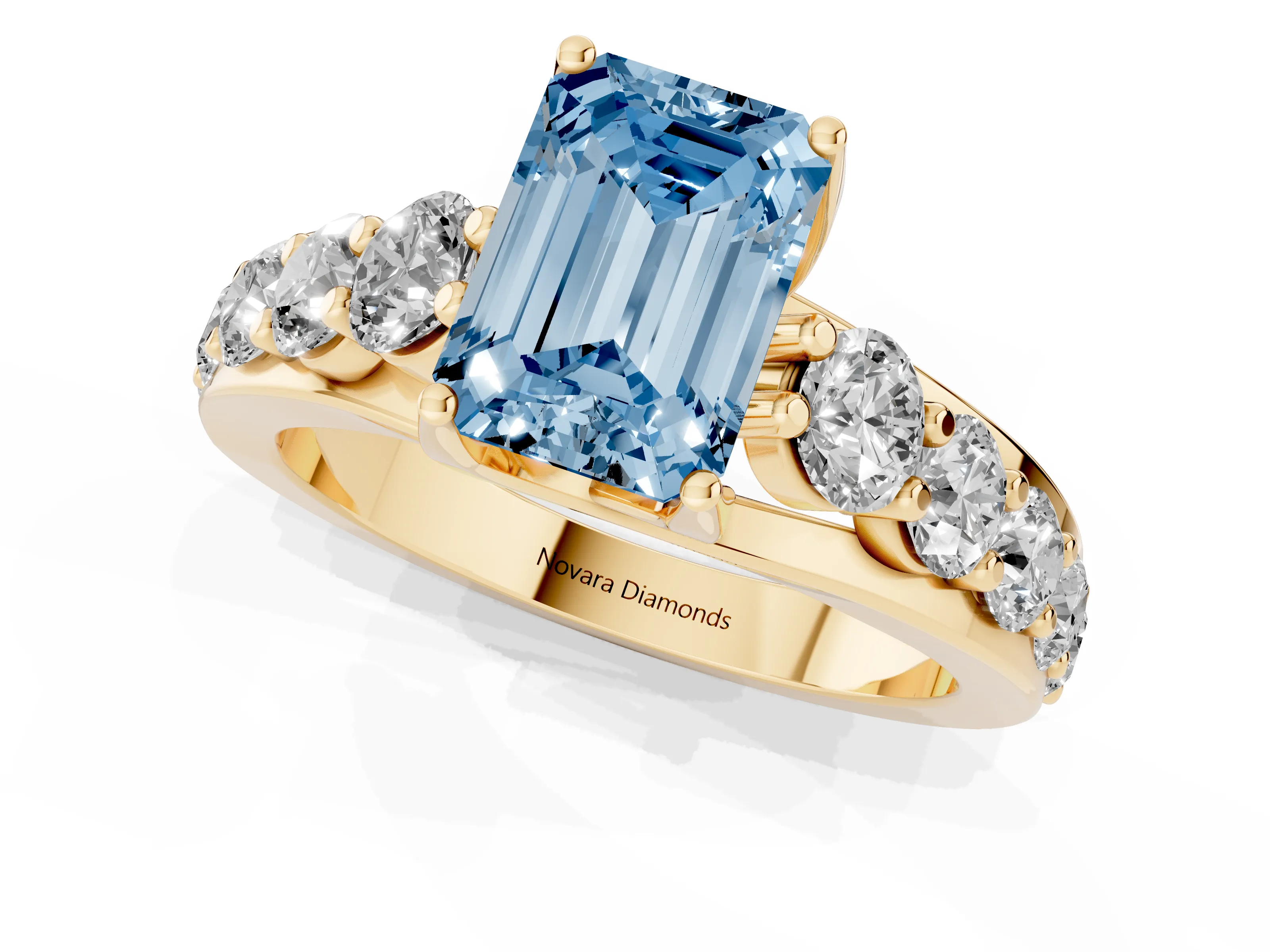 Fancy Blue Emerald Cut Diamond Pavé Engagement Ring Set in Yellow gold with Prong Setting