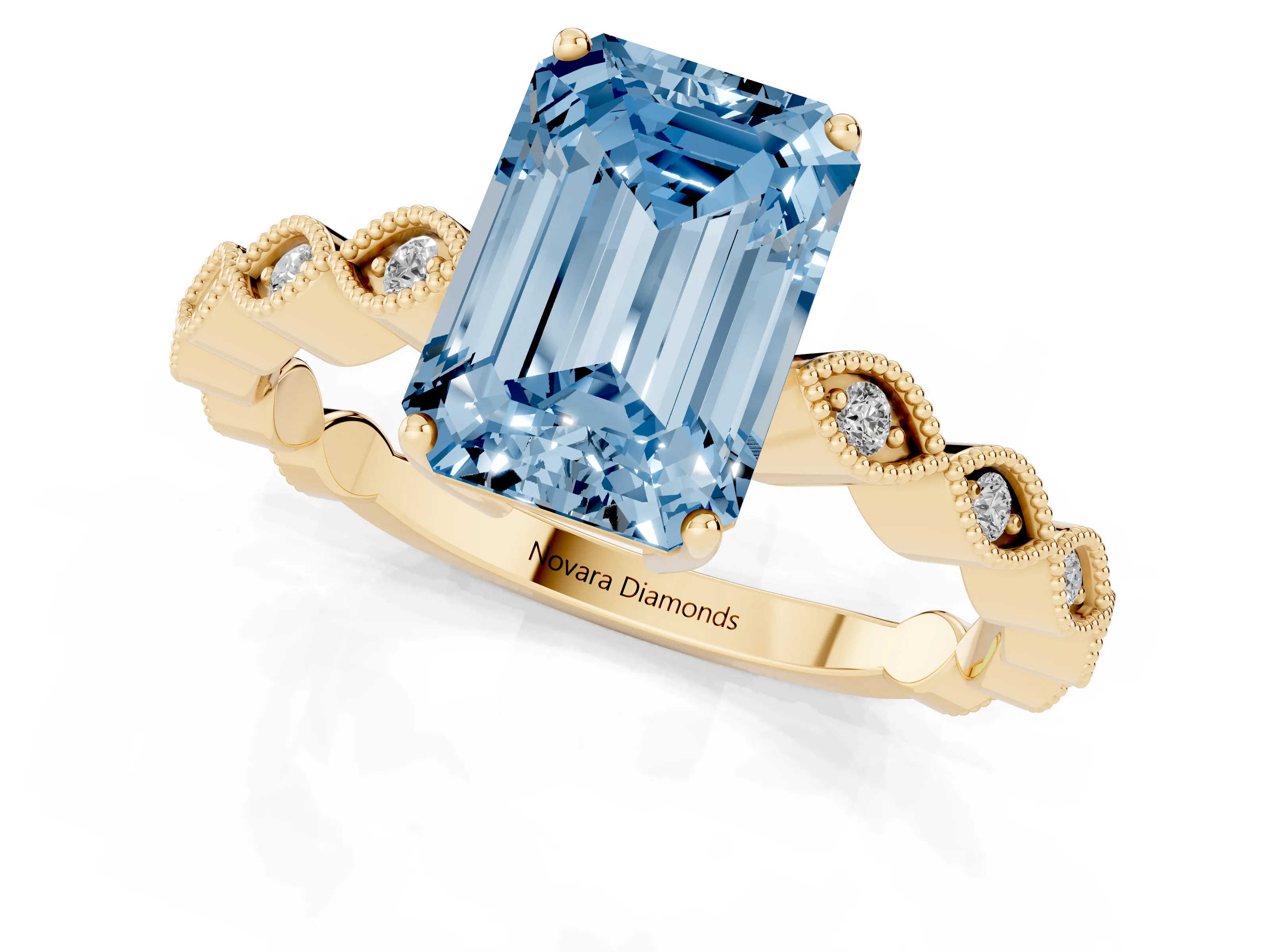 Fancy Blue Emerald Cut Diamond Solitaire Ring Set in Yellow gold with Infinity Twist Pavé Band
