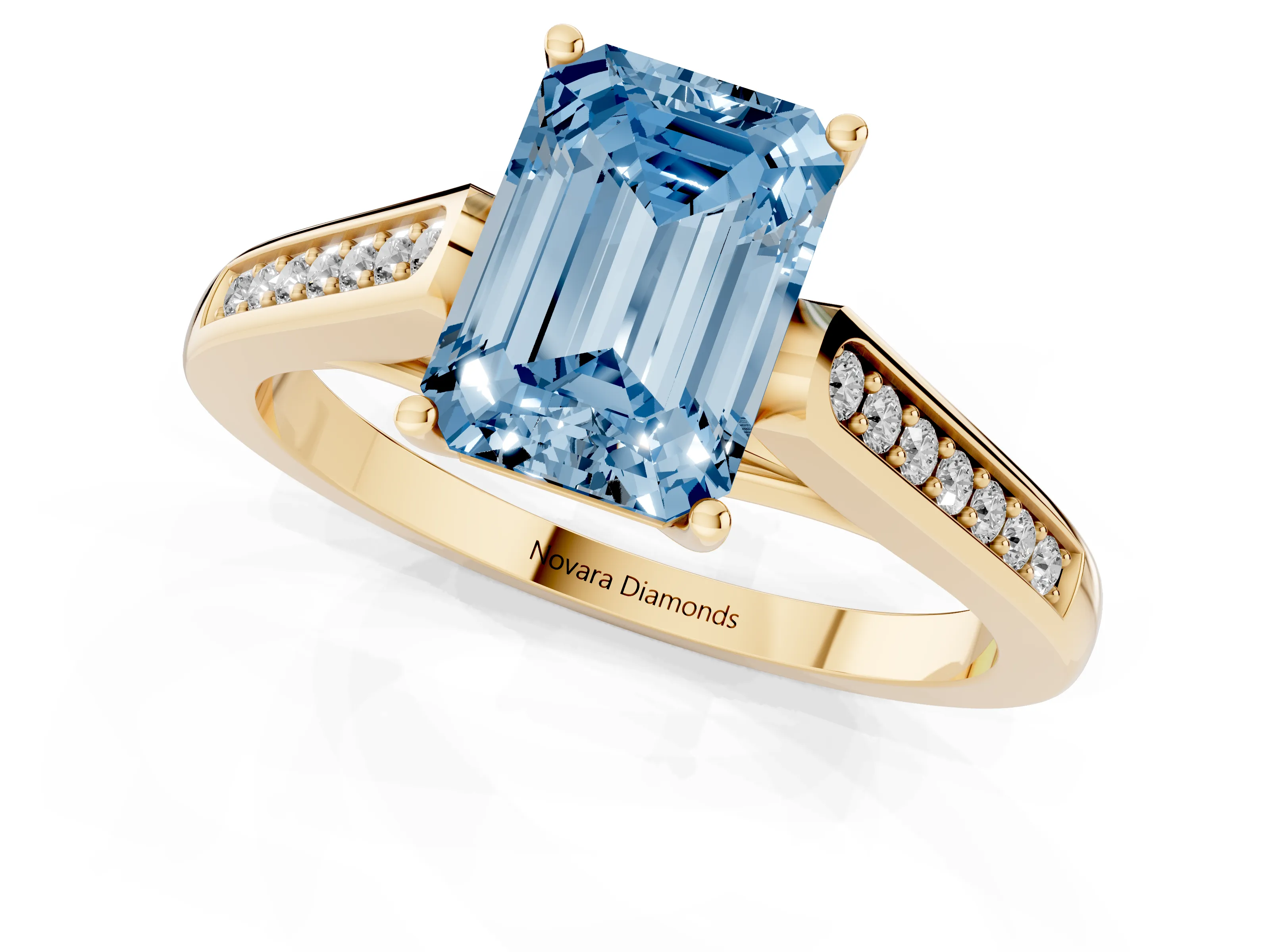 Fancy Blue Emerald Cut Diamond Solitaire Cathedral Engagement Ring Set in Yellow gold with Channel-Set Band and Prong Setting