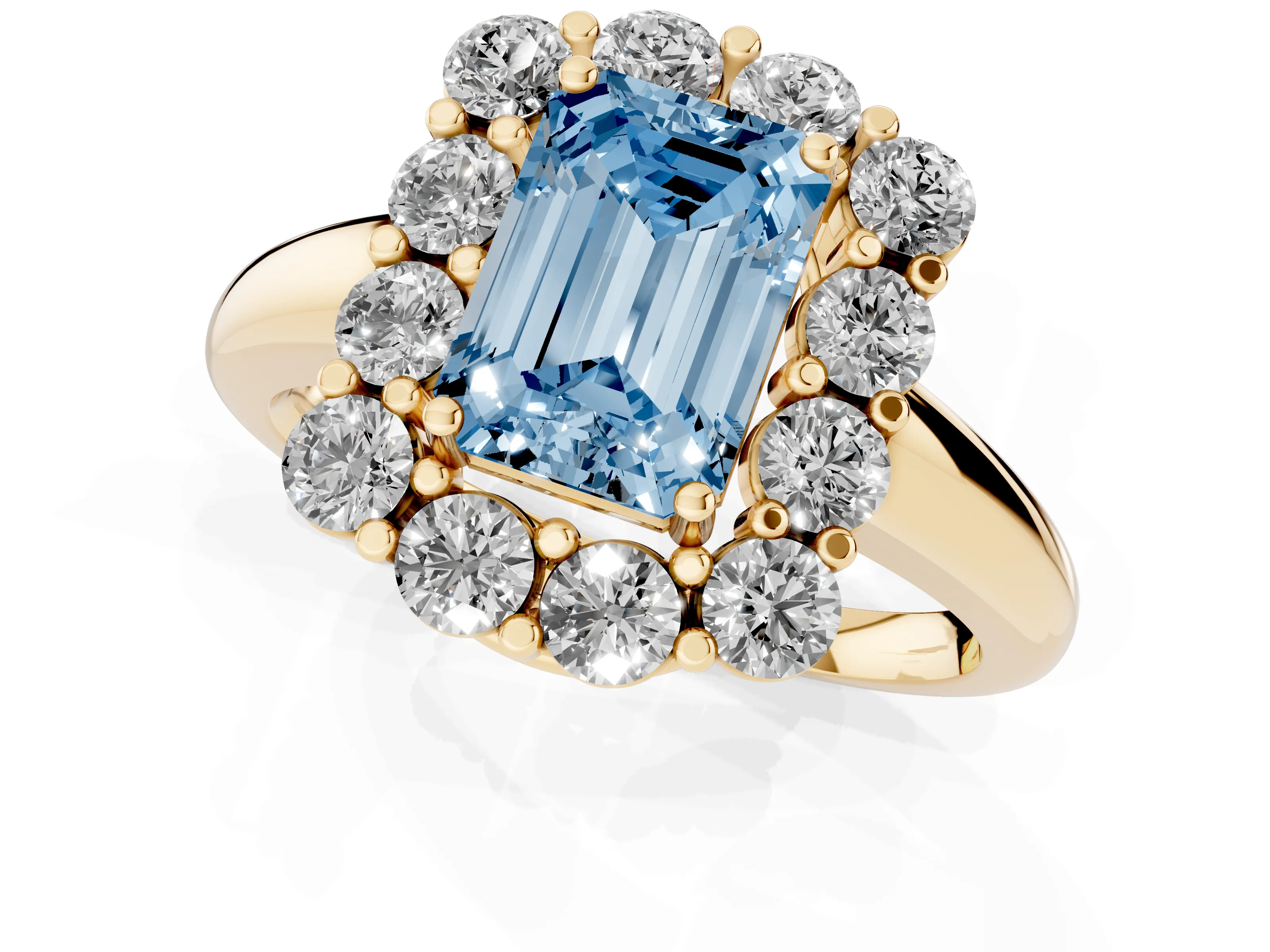 Fancy Blue Emerald Cut Diamond Halo Cluster Engagement Ring Set in Yellow gold with Polished Band and Prong Setting