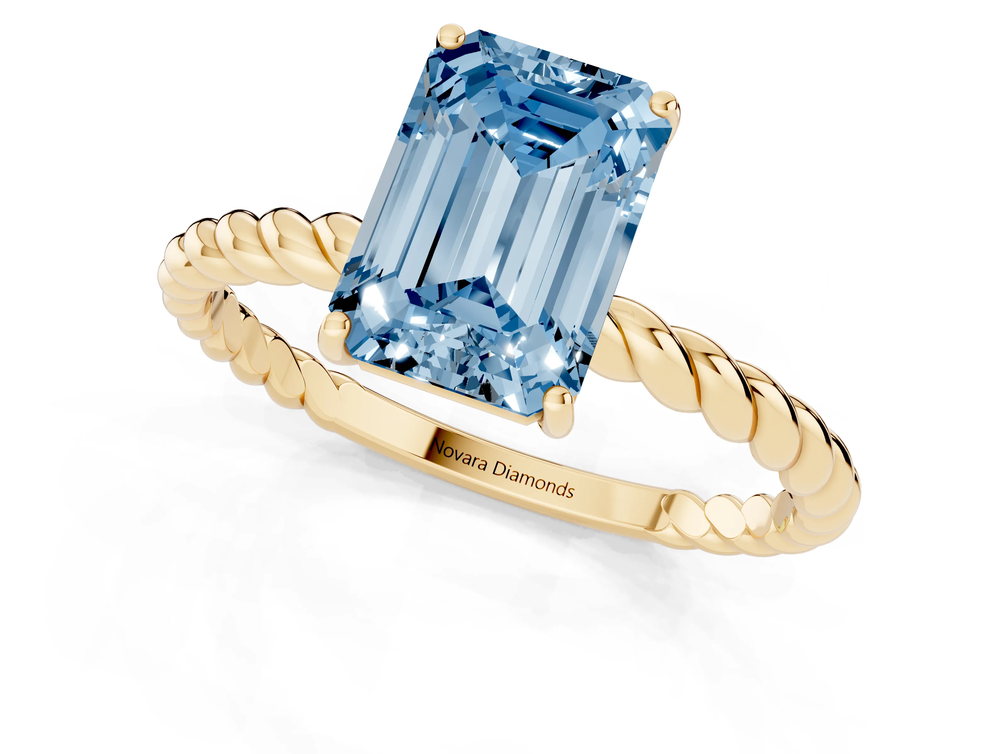 Fancy Blue Emerald Cut Diamond Solitaire Ring Set in Yellow gold with Twist Band and Prong Setting