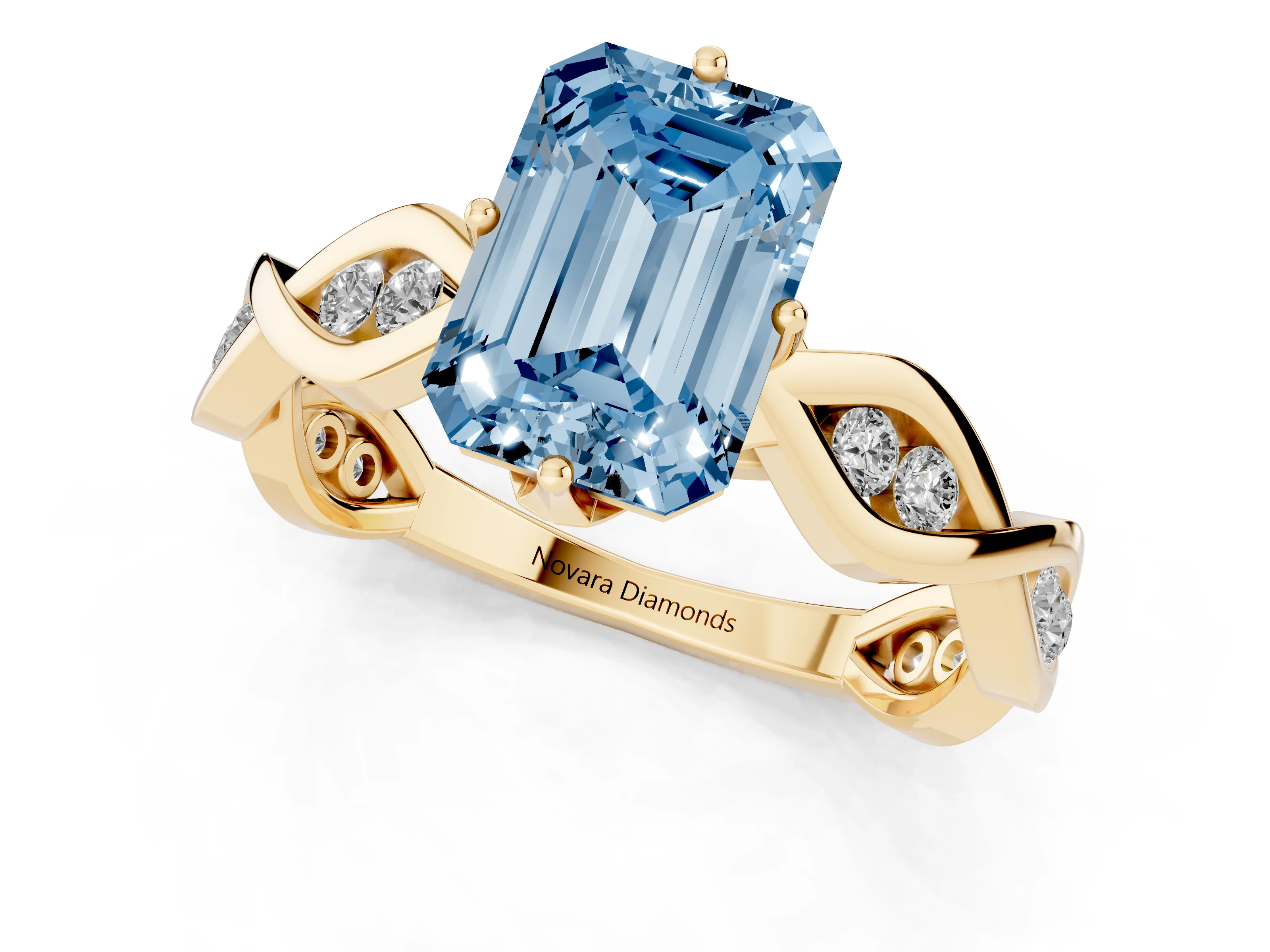 Fancy Blue Emerald Cut Diamond Twist Band Solitaire Ring Set in Yellow gold with Leaf Prong Setting and Accent Stones
