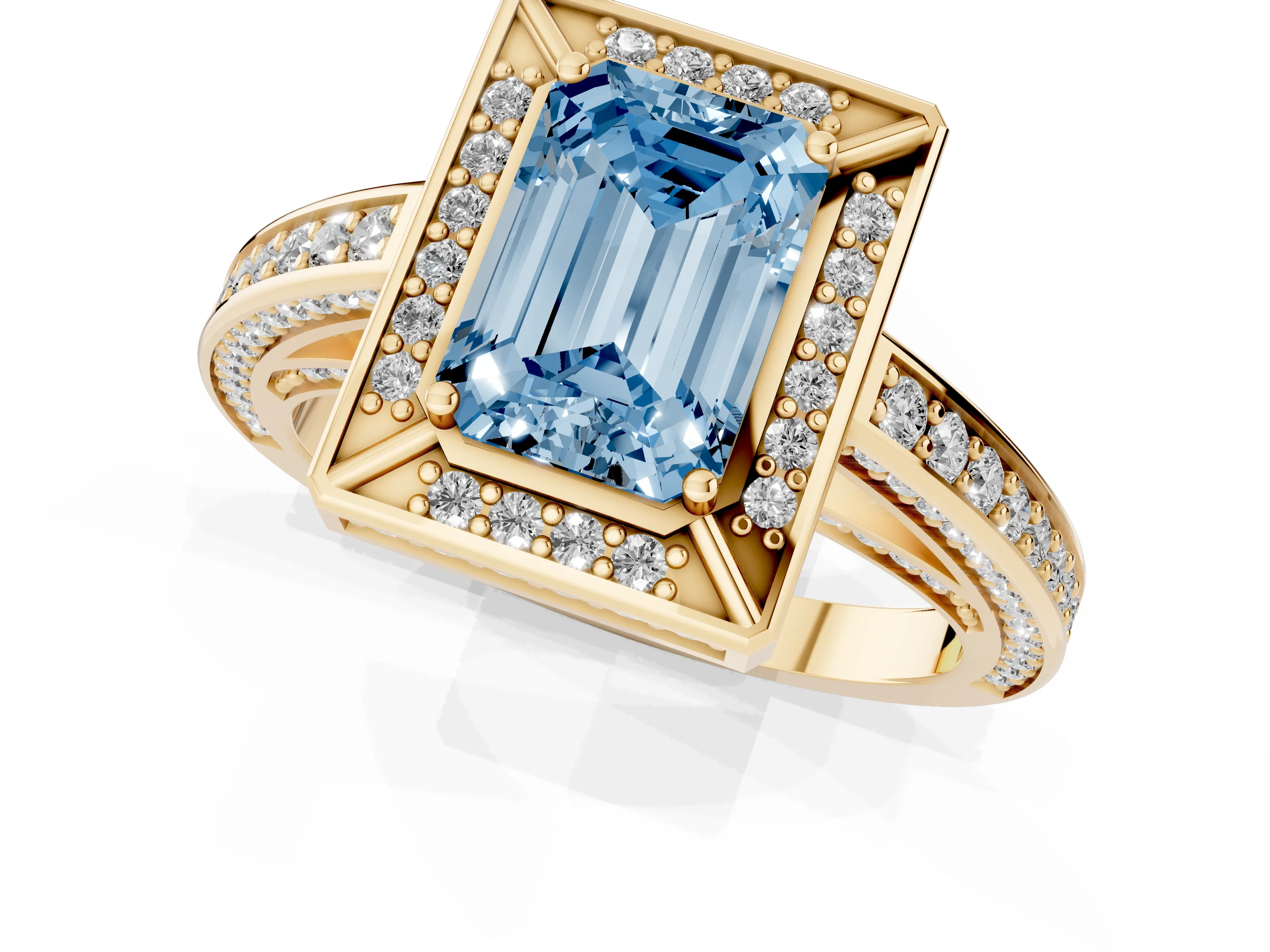 Fancy Blue Emerald Cut Diamond Halo Pavé Split Shank Ring Set in Yellow gold with Prong Setting