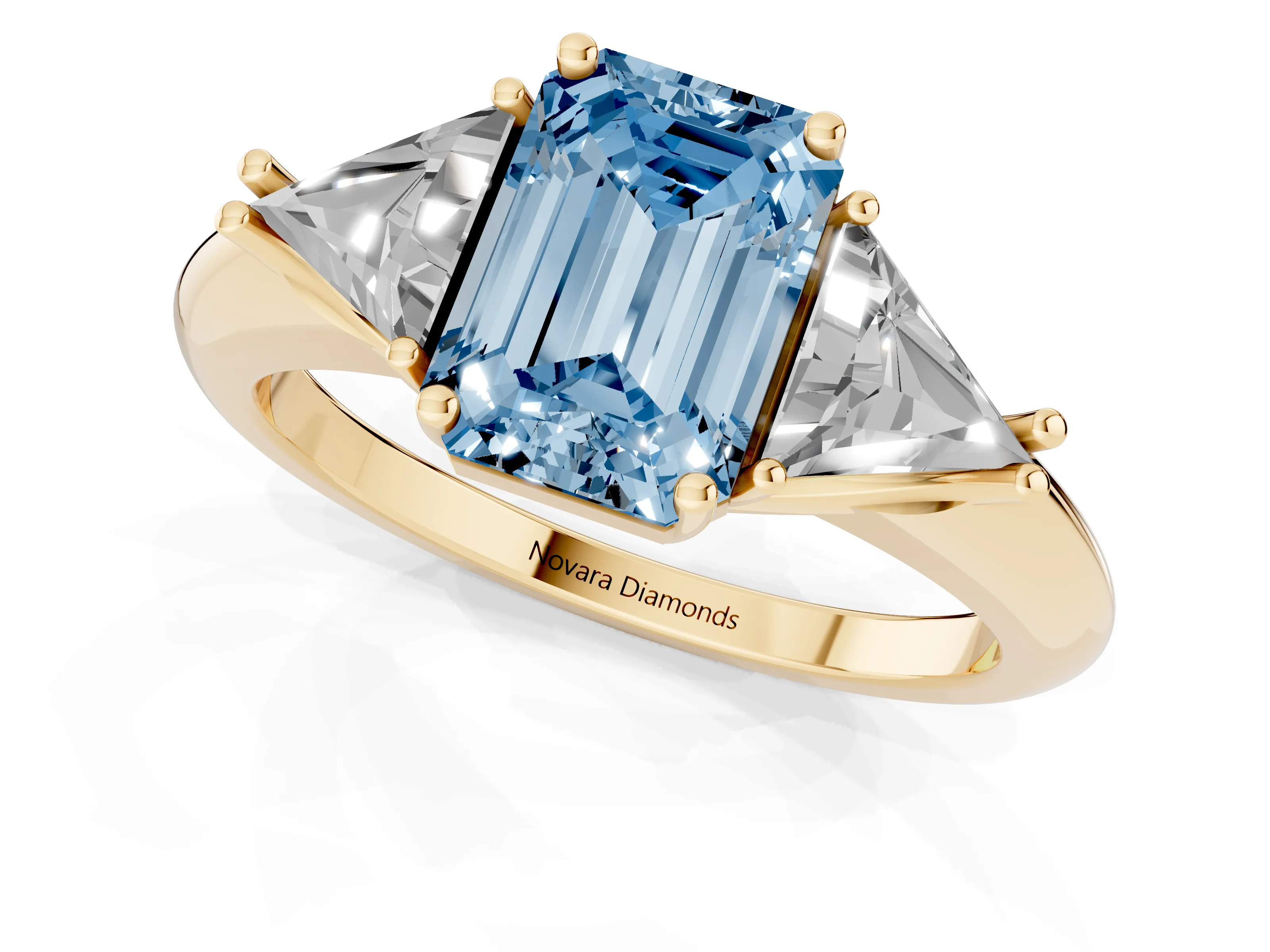 Fancy Blue Emerald Cut Diamond Three-Stone Engagement Ring Set in Yellow gold with Trillion Side Stones
