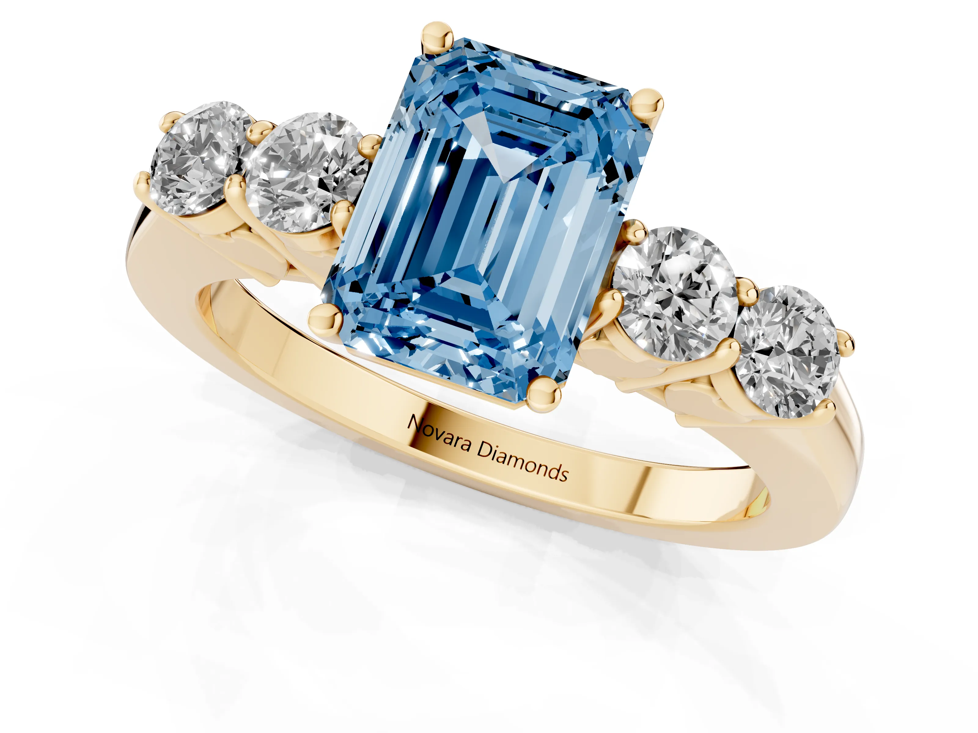 Fancy Blue Emerald Cut Diamond Five-Stone Prong Set Band Ring Set in Yellow gold with Polished Band