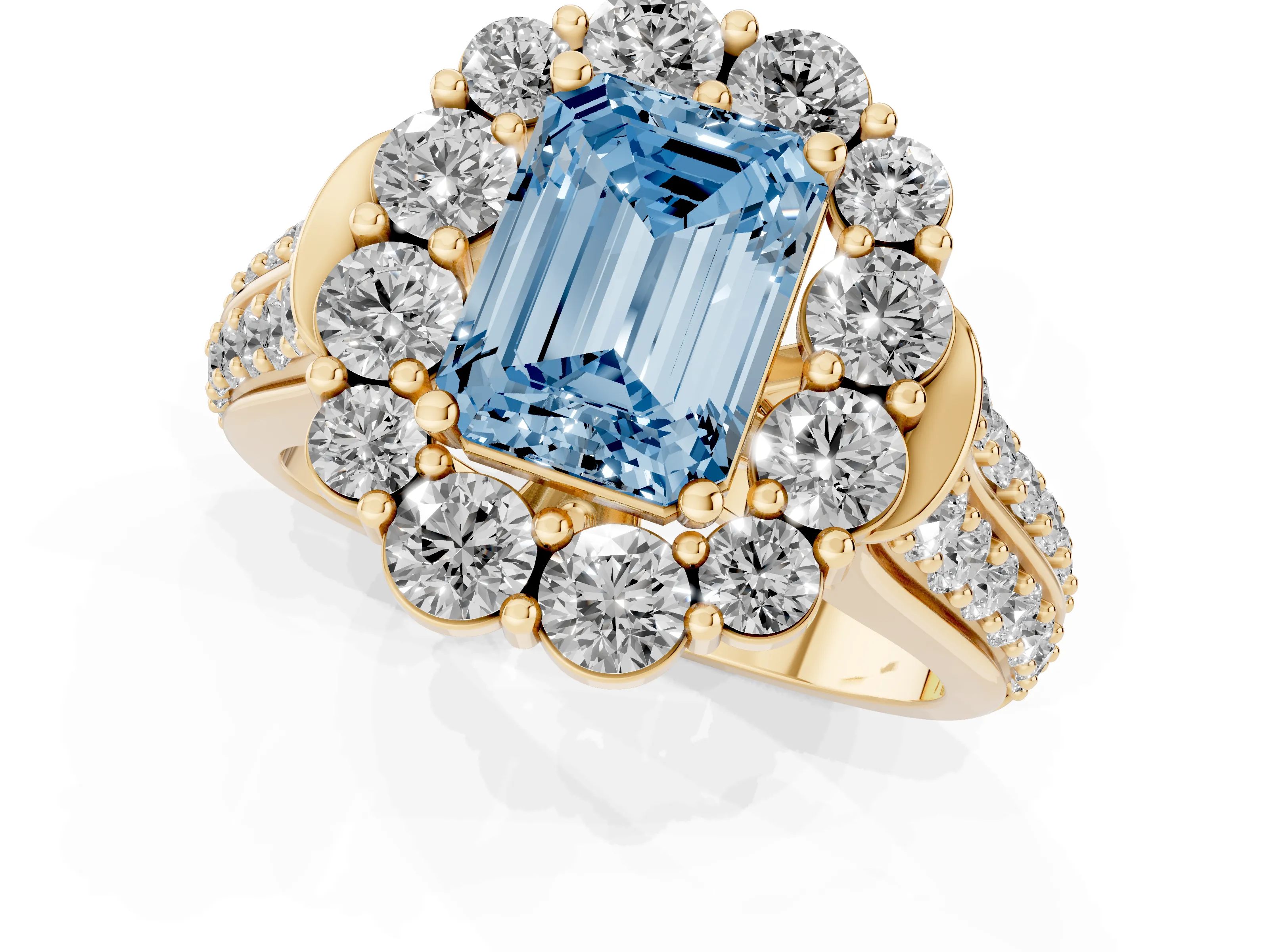 Fancy Blue Emerald Cut Diamond Halo Engagement Ring Set in Yellow gold with Split Shank and Prong Setting