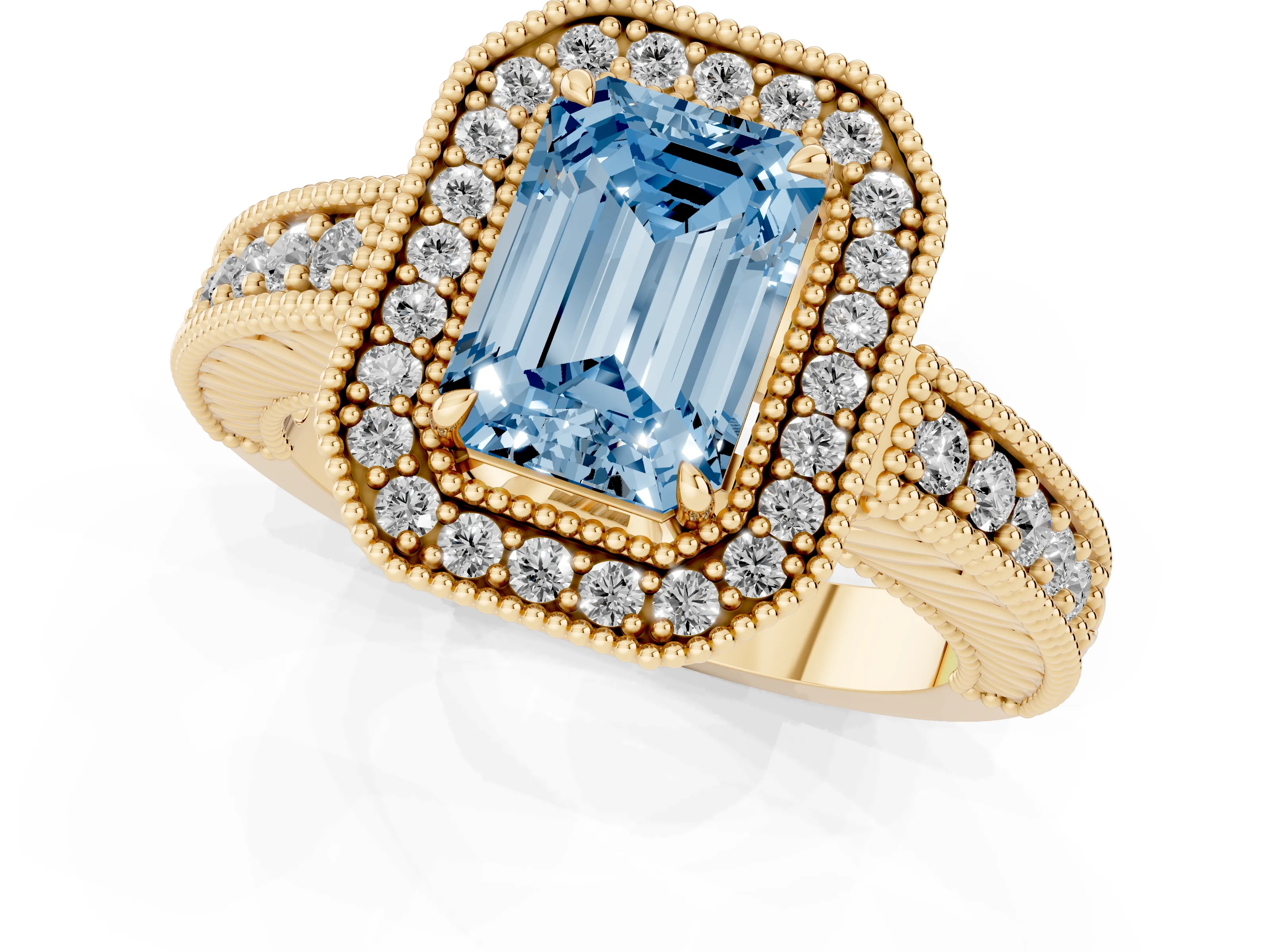 Fancy Blue Emerald Cut Diamond Halo Ring Set in Yellow gold with Round Accent Halo, Pavé Band and Prong Setting