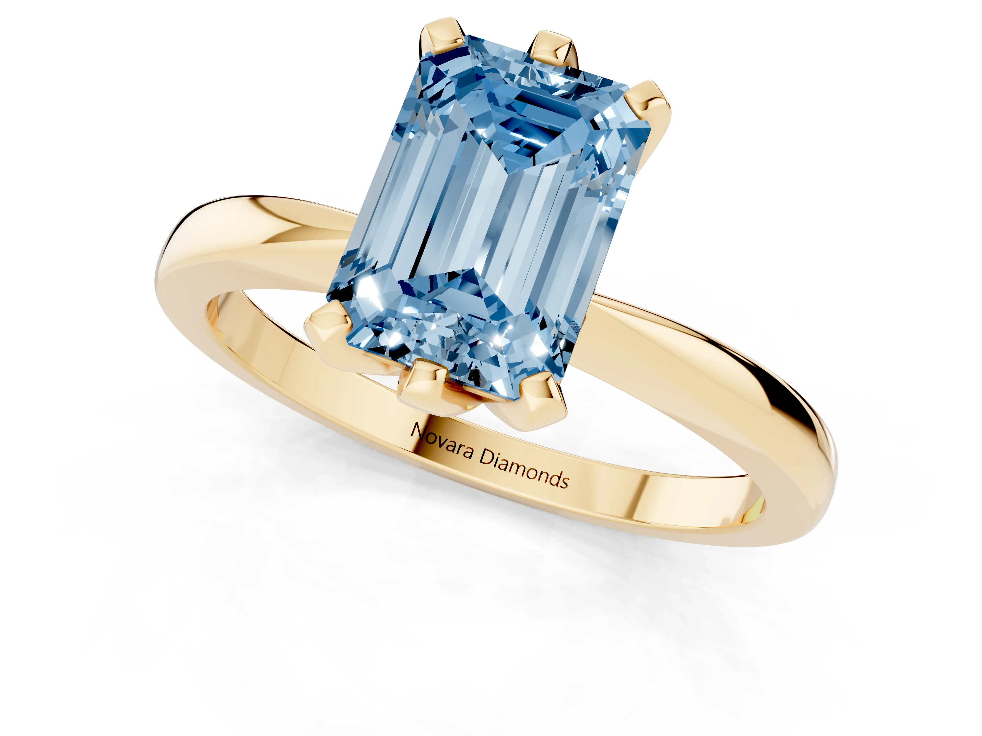 Fancy Blue Emerald Cut Diamond Solitaire Engagement Ring Set in Yellow gold with Slim Tapered Solitaire Band
