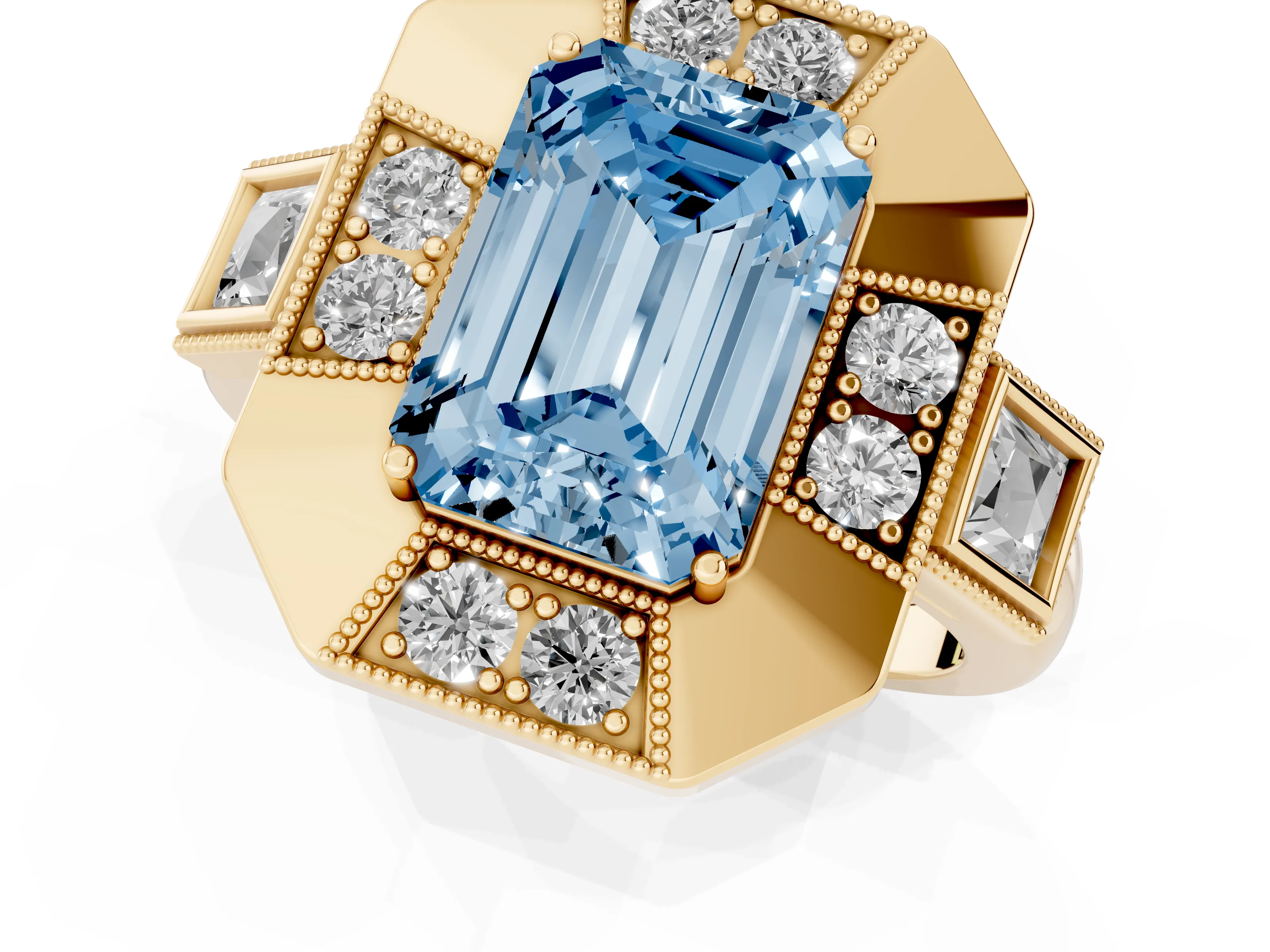 Fancy Blue Emerald Cut Diamond Milgrain Halo Ring Set in Yellow gold with Split Shank