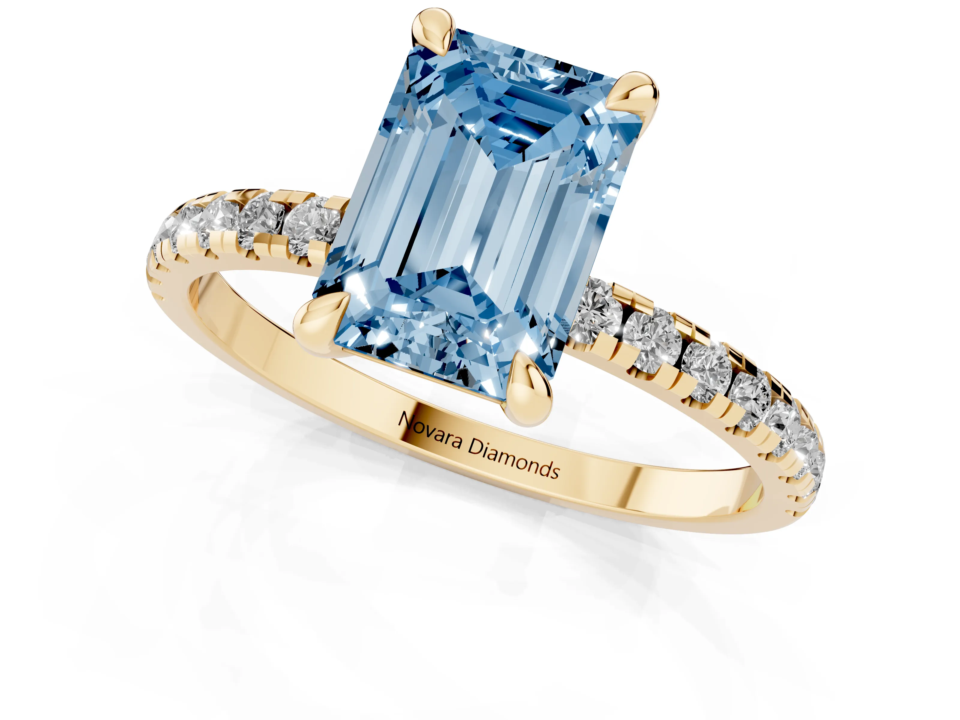 Fancy Blue Emerald Cut Diamond Brilliant Solitaire Ring Set in Yellow gold with Pavé Band and Prong Setting