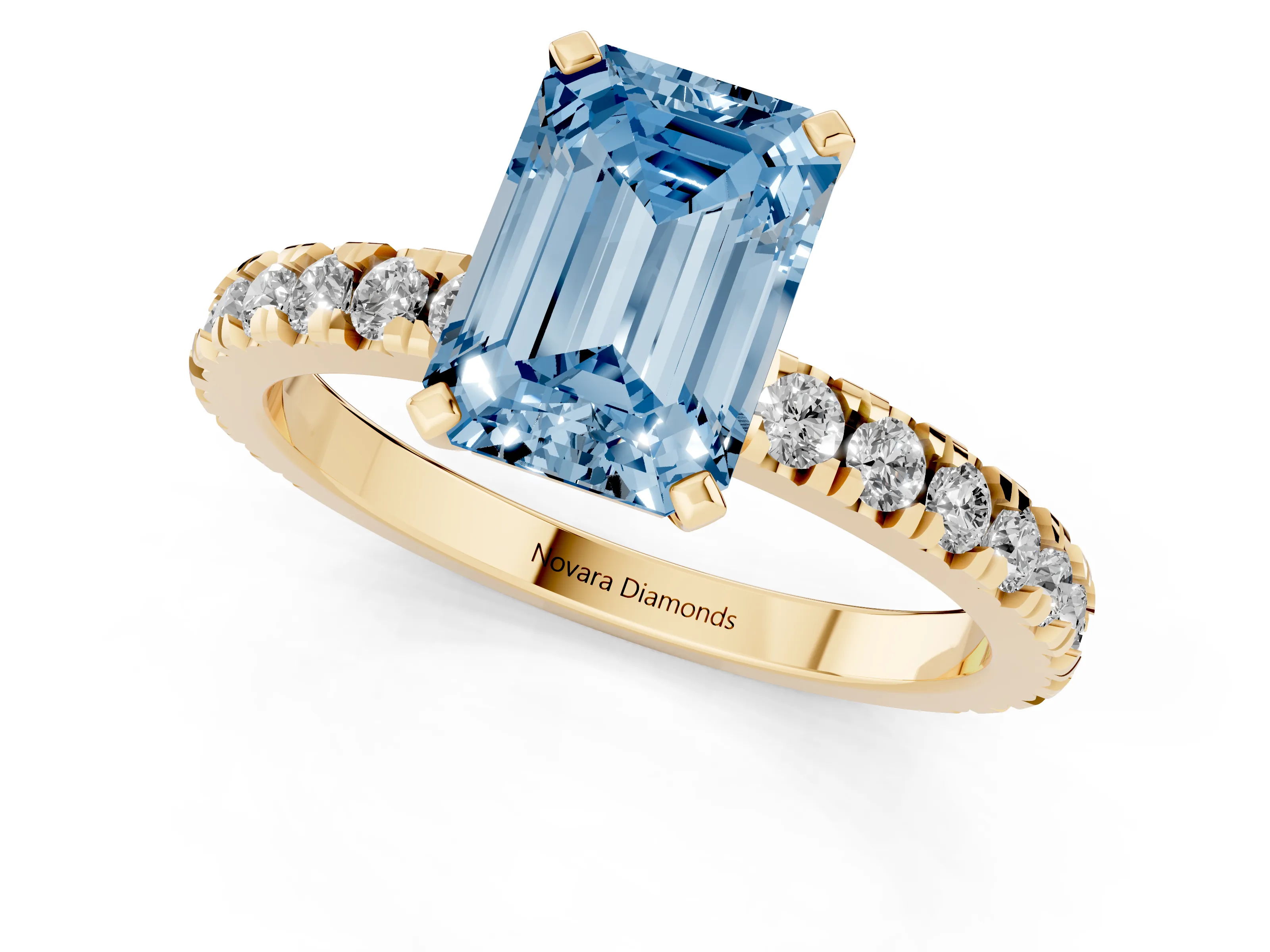 Fancy Blue Emerald Cut Diamond Pavé Band Solitaire Set in Yellow gold with Prong Setting
