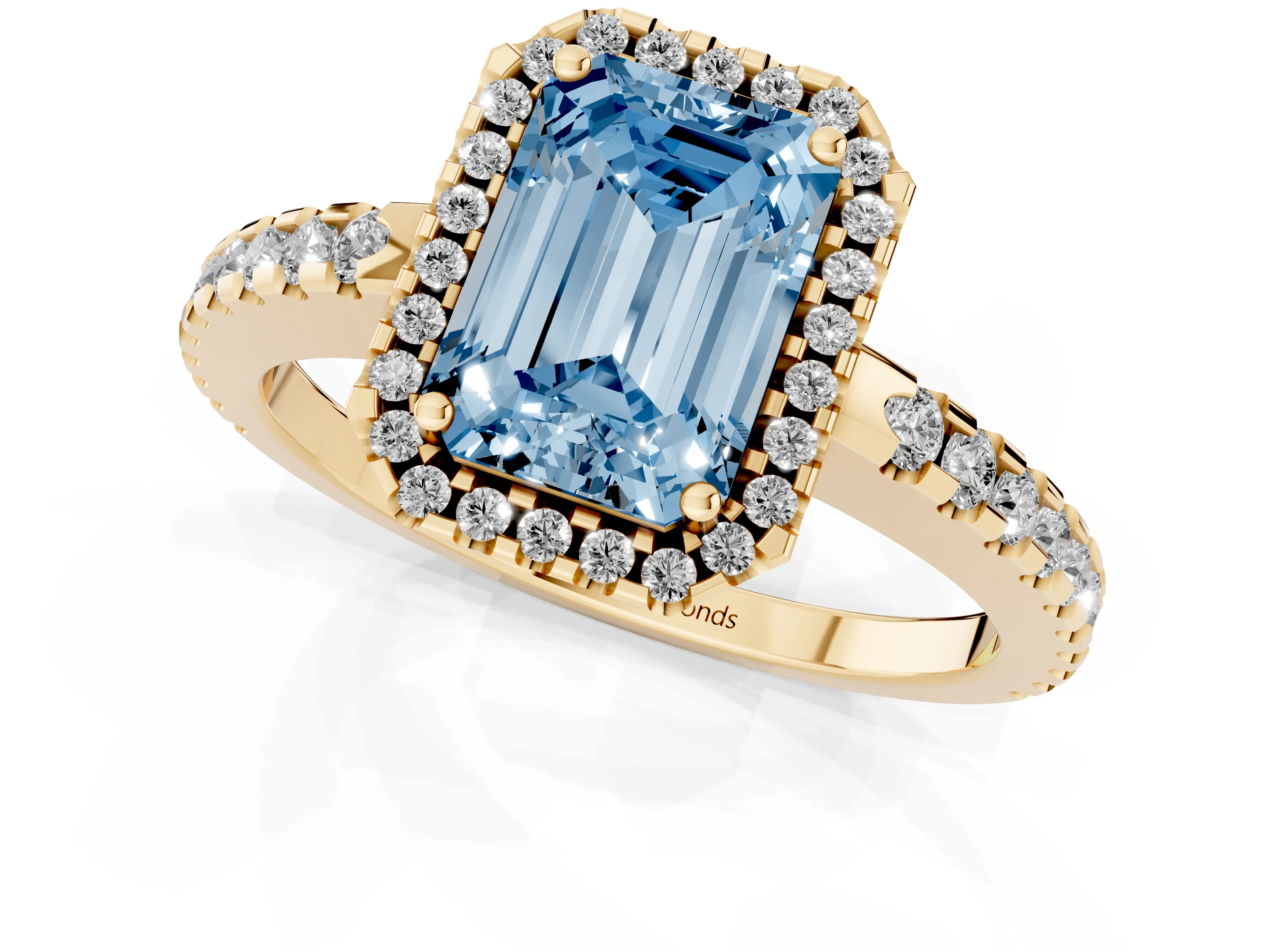Fancy Blue Emerald Cut Diamond Halo Ring Set in Yellow gold with Pavé Shoulders and Halo-Framed Center
