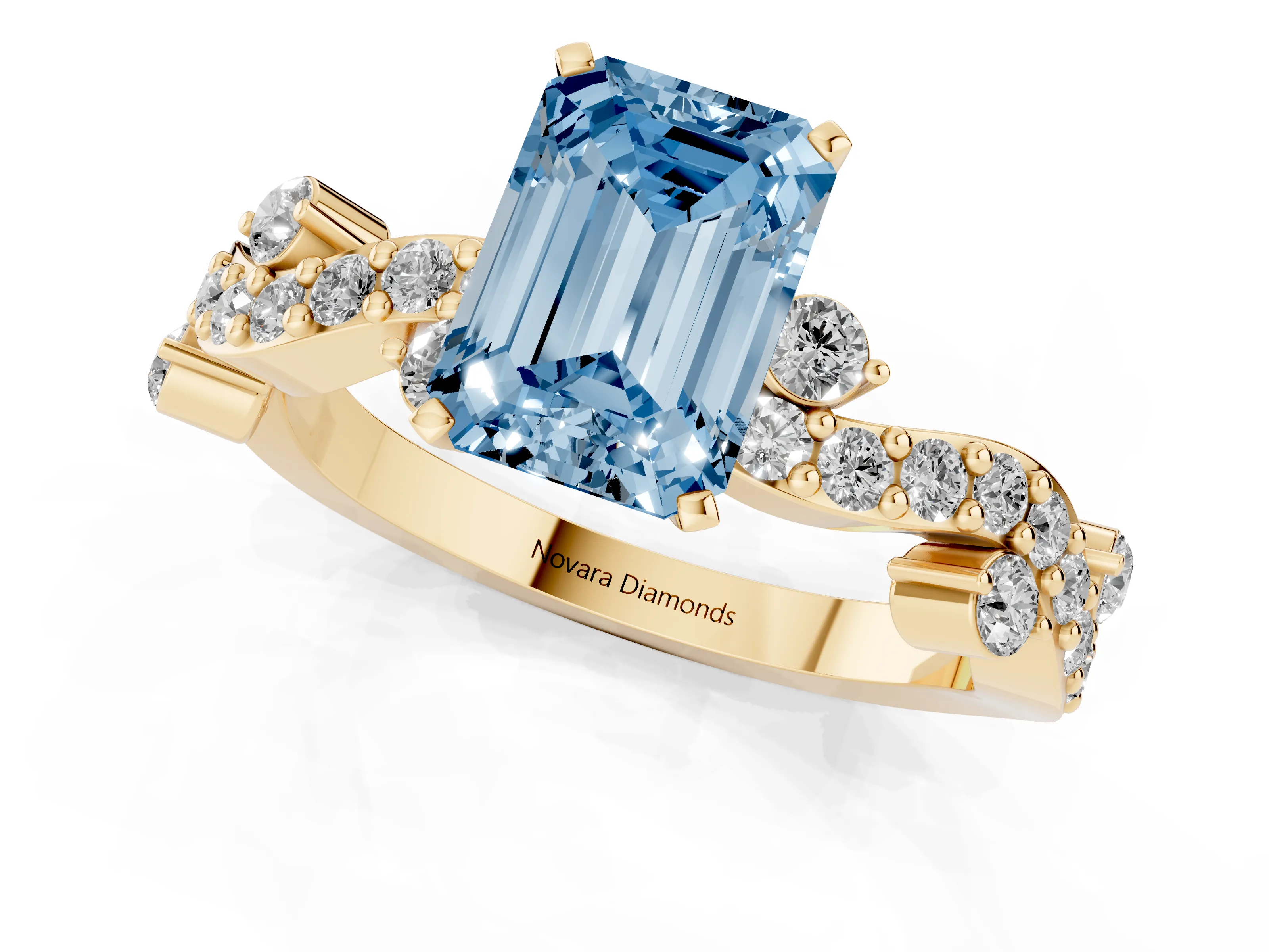 Fancy Blue Emerald Cut Diamond Solitaire Twisted Band Set in Yellow gold with Pavé Setting
