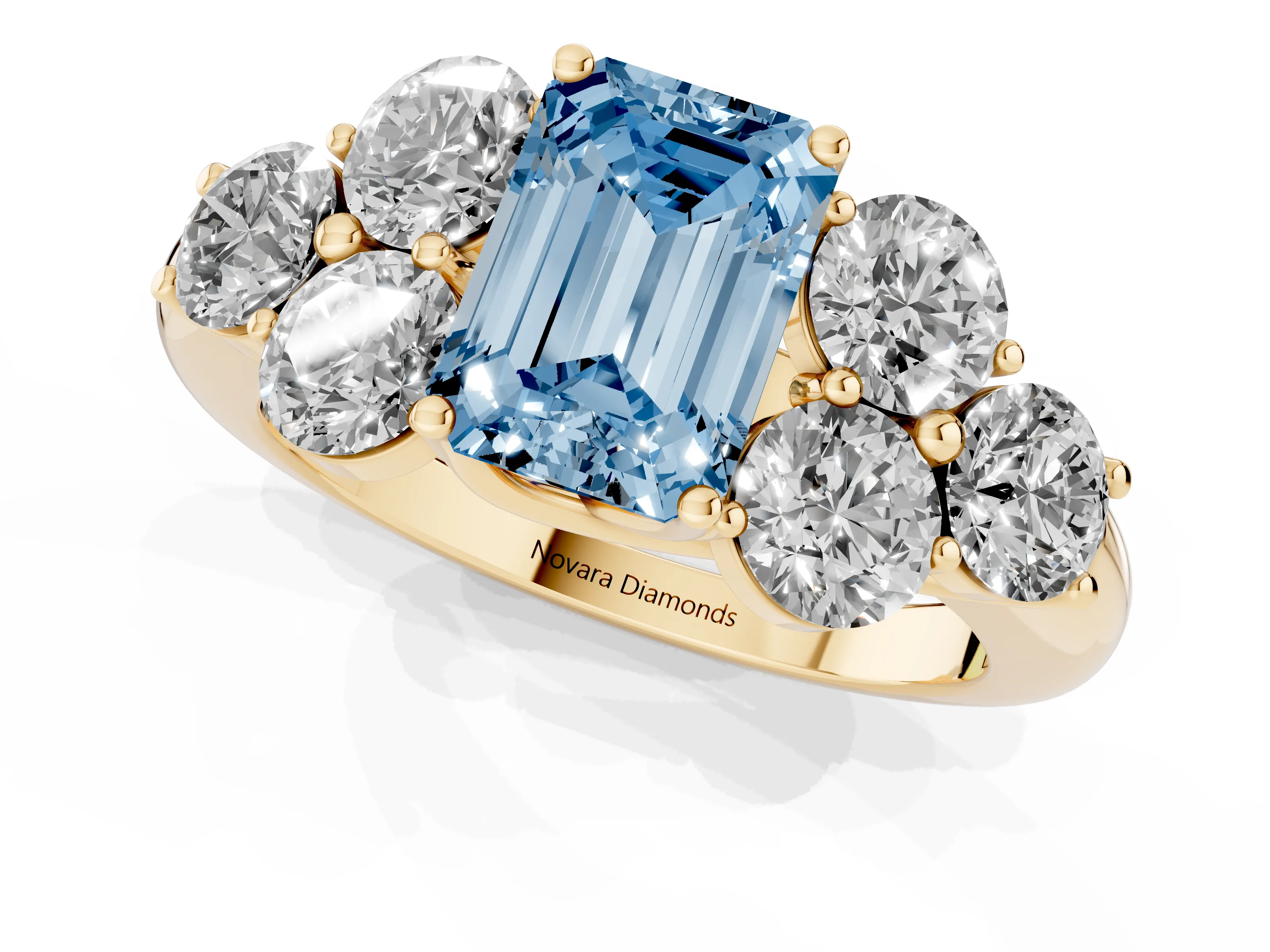 Fancy Blue Emerald Cut Diamond Cluster Ring Set in Yellow gold with Round Accent Stones and Prong Setting on a Plain Band