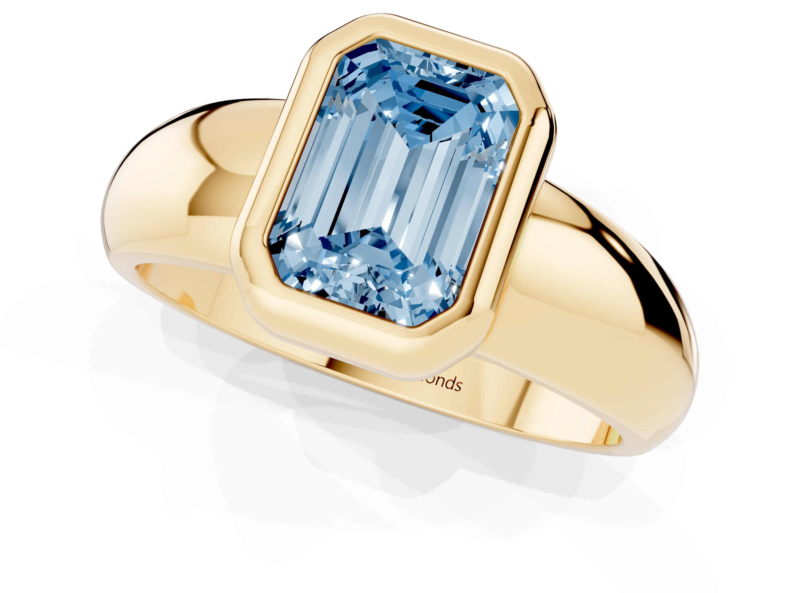 Fancy Blue Bezel Set Emerald Cut Diamond Solitaire Ring Set in Yellow gold with Wide Band